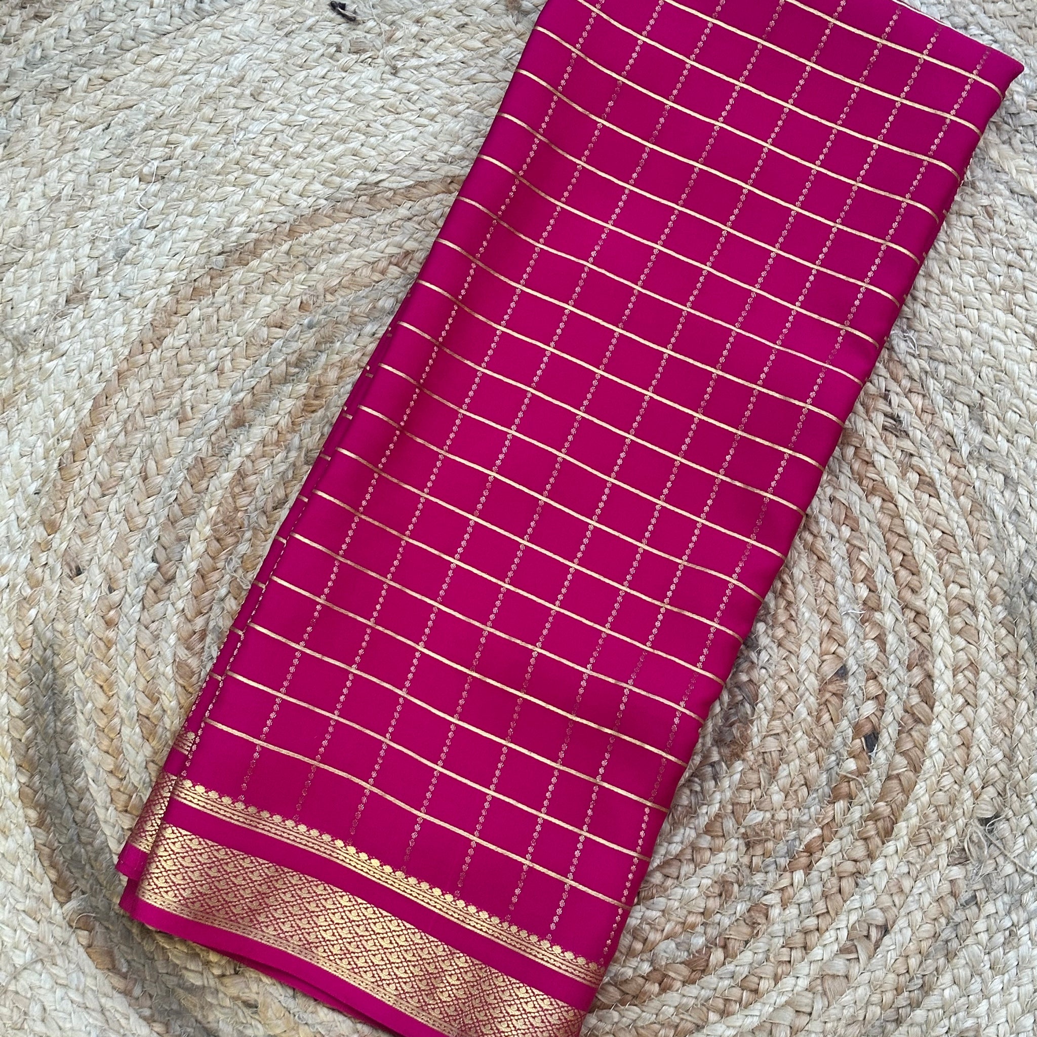 Rani pink checks pure crepe Mysore Silk sarees 120 gsm