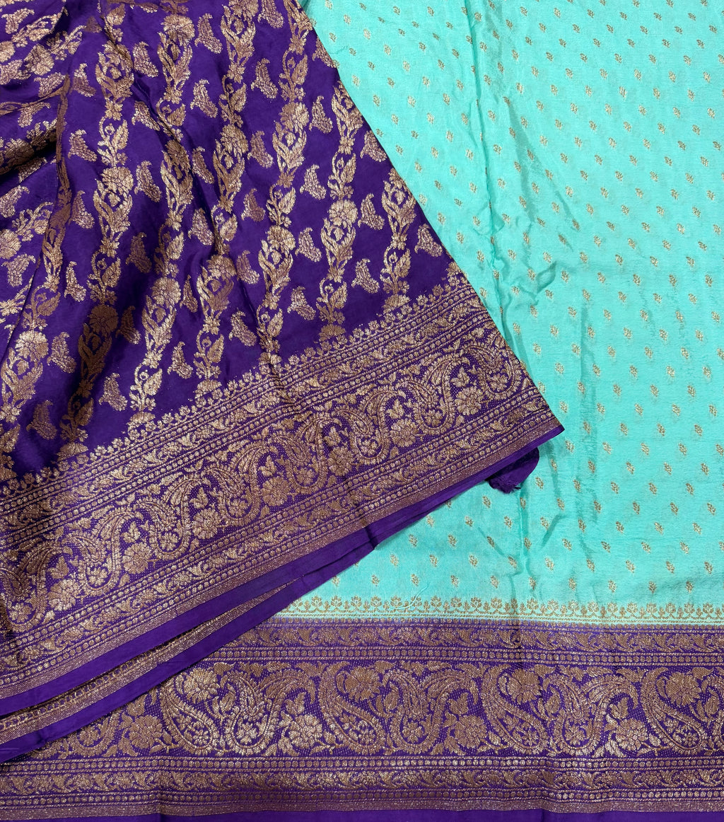 Aqua green pure Banarasi crepe chiffon 107 with antique zari saree