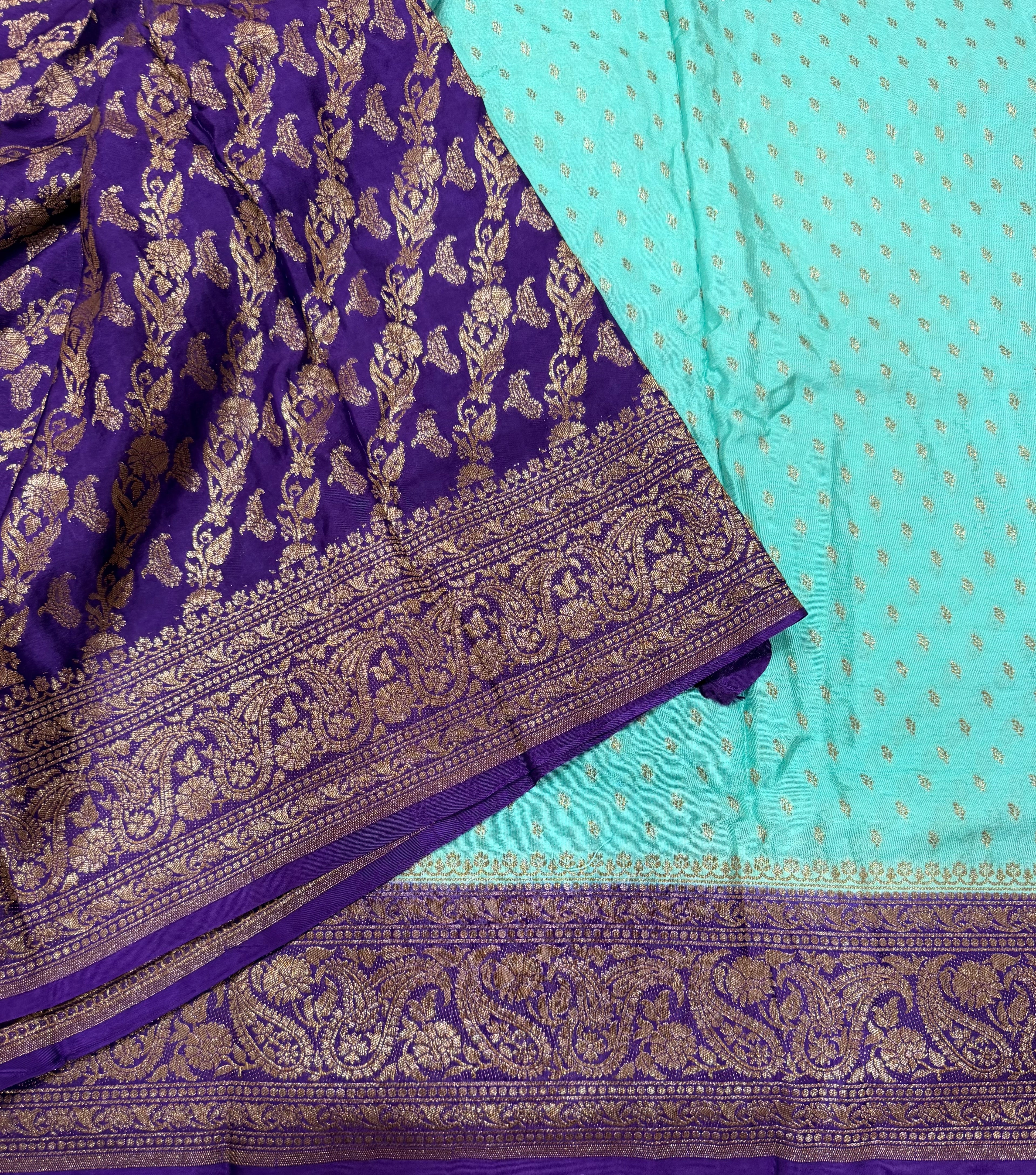 Aqua green pure Banarasi crepe chiffon 107 with antique zari saree