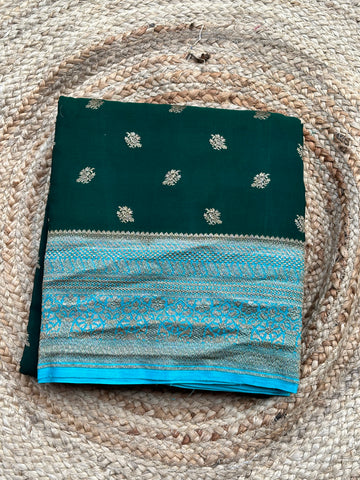 Green with sky blue pure crepe Banaras sarees