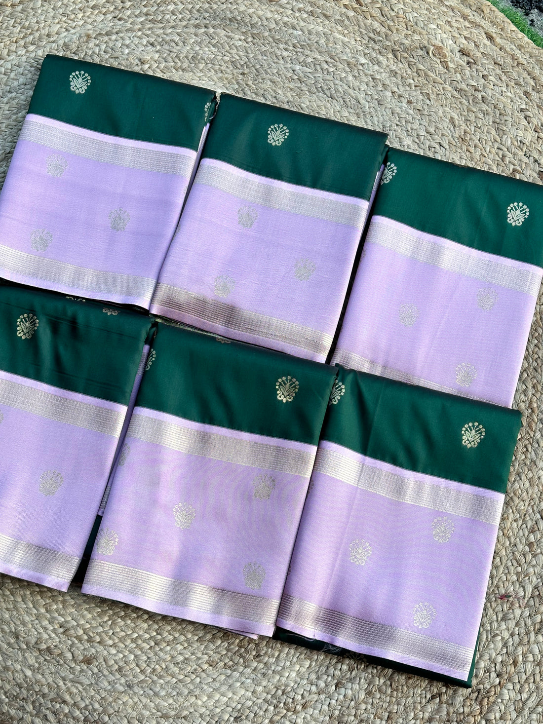 Green with pink semi Kanchi sarees with contrast blouse