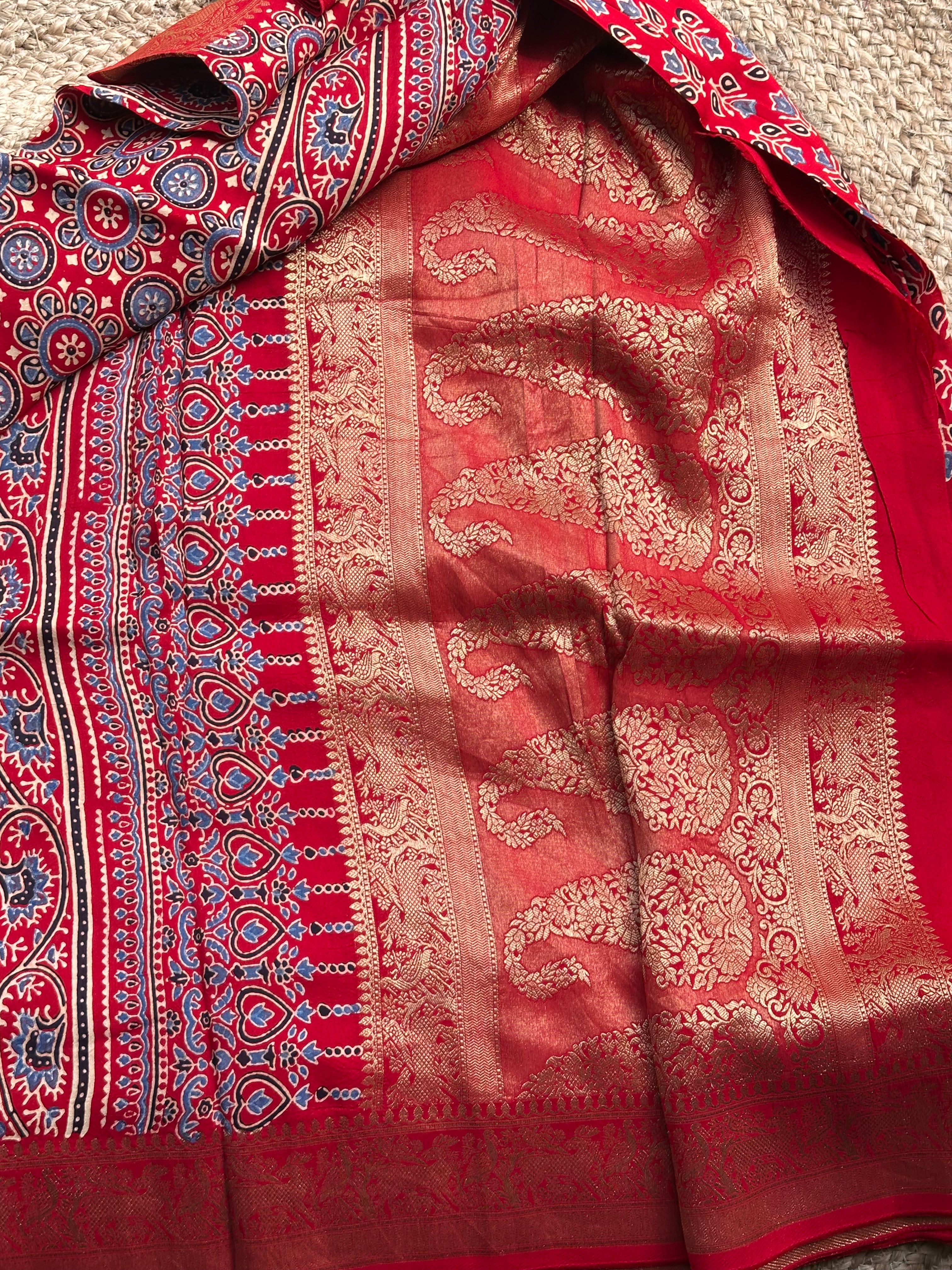 Red pure Ajrak dola silk sarees