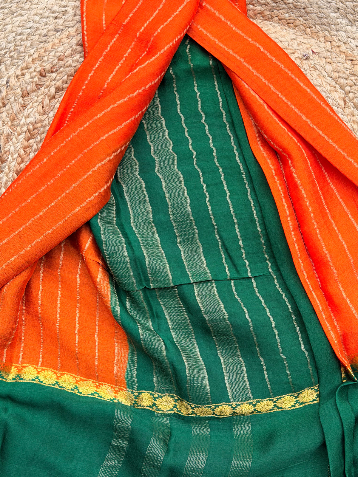 Orange and green pure wrinkle crepe silk certified