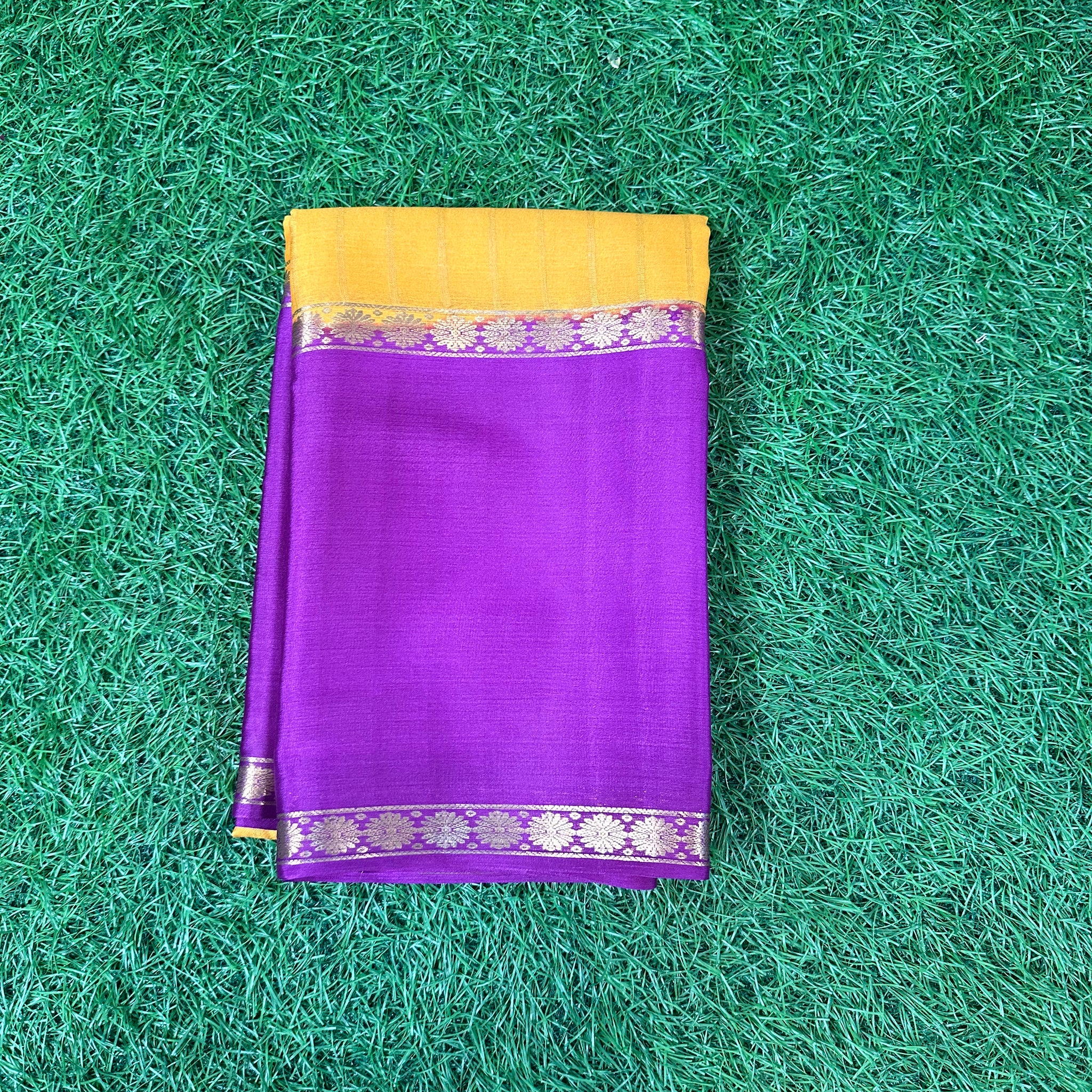 Mustard with mejentha pure wrinkle crepe saree , vertical stripes blouse.