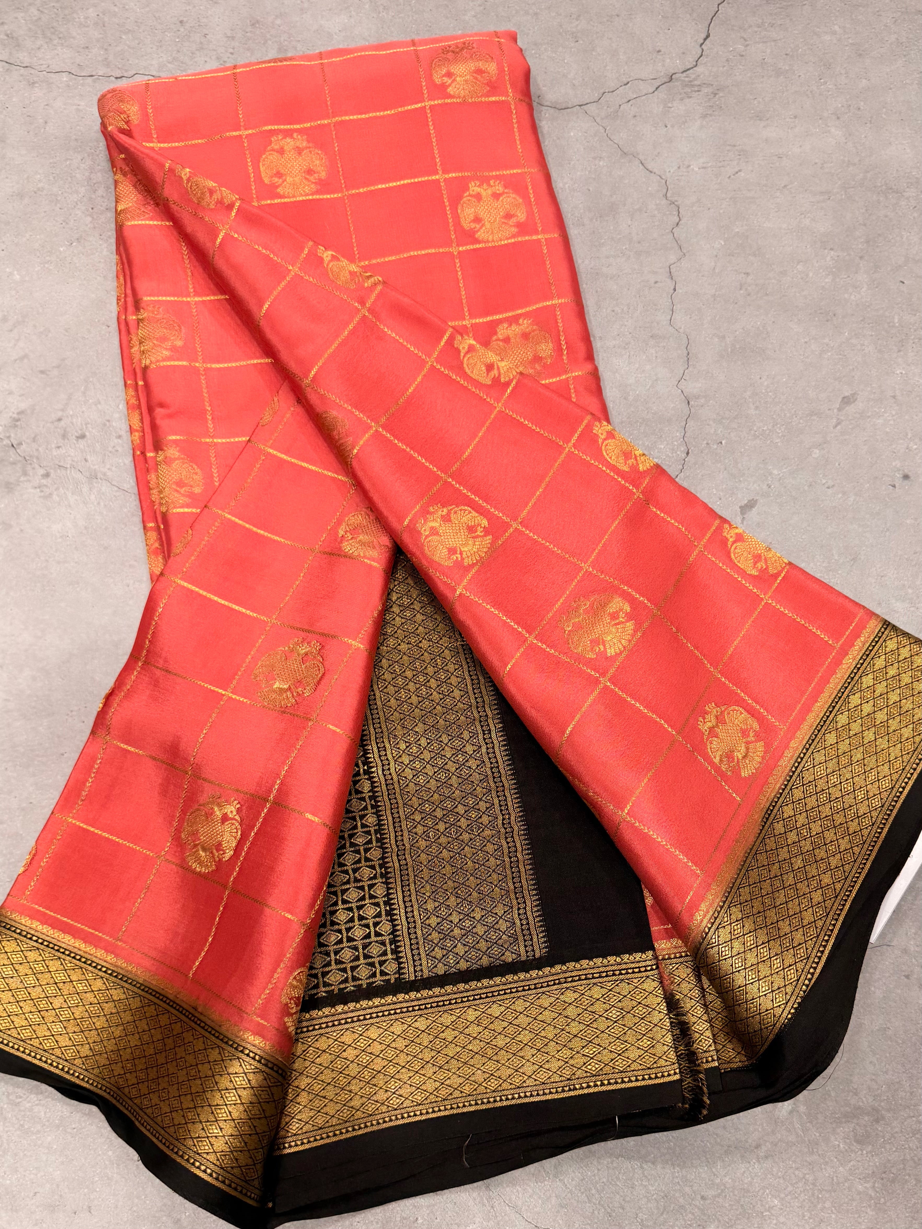 Pastel pink checks pure Mysore silk crepe saree
