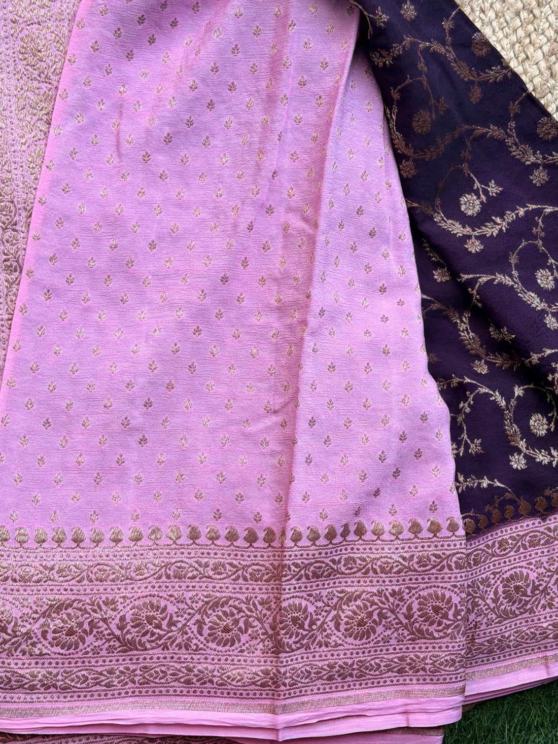 Purple and pink Banarasi Crepe Chiffon in Jaal Pattern