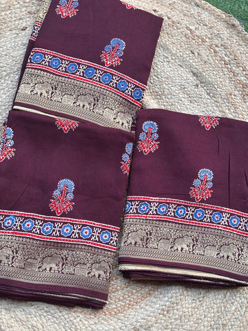 Brown Ajrak modal dola silk sarees with zari border