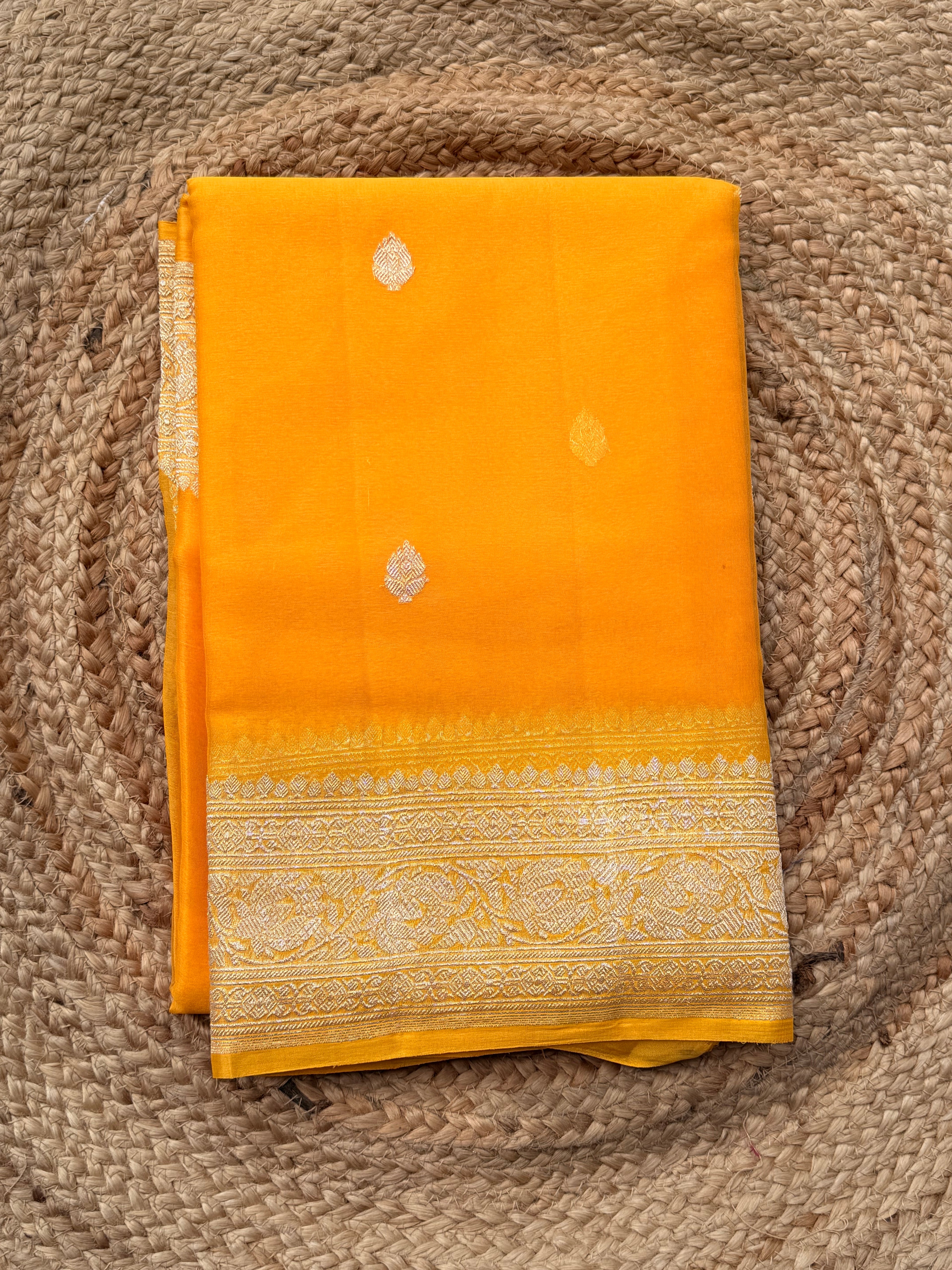 Mango yellow bananasi pure khadi chiffon saree sliver zari woven