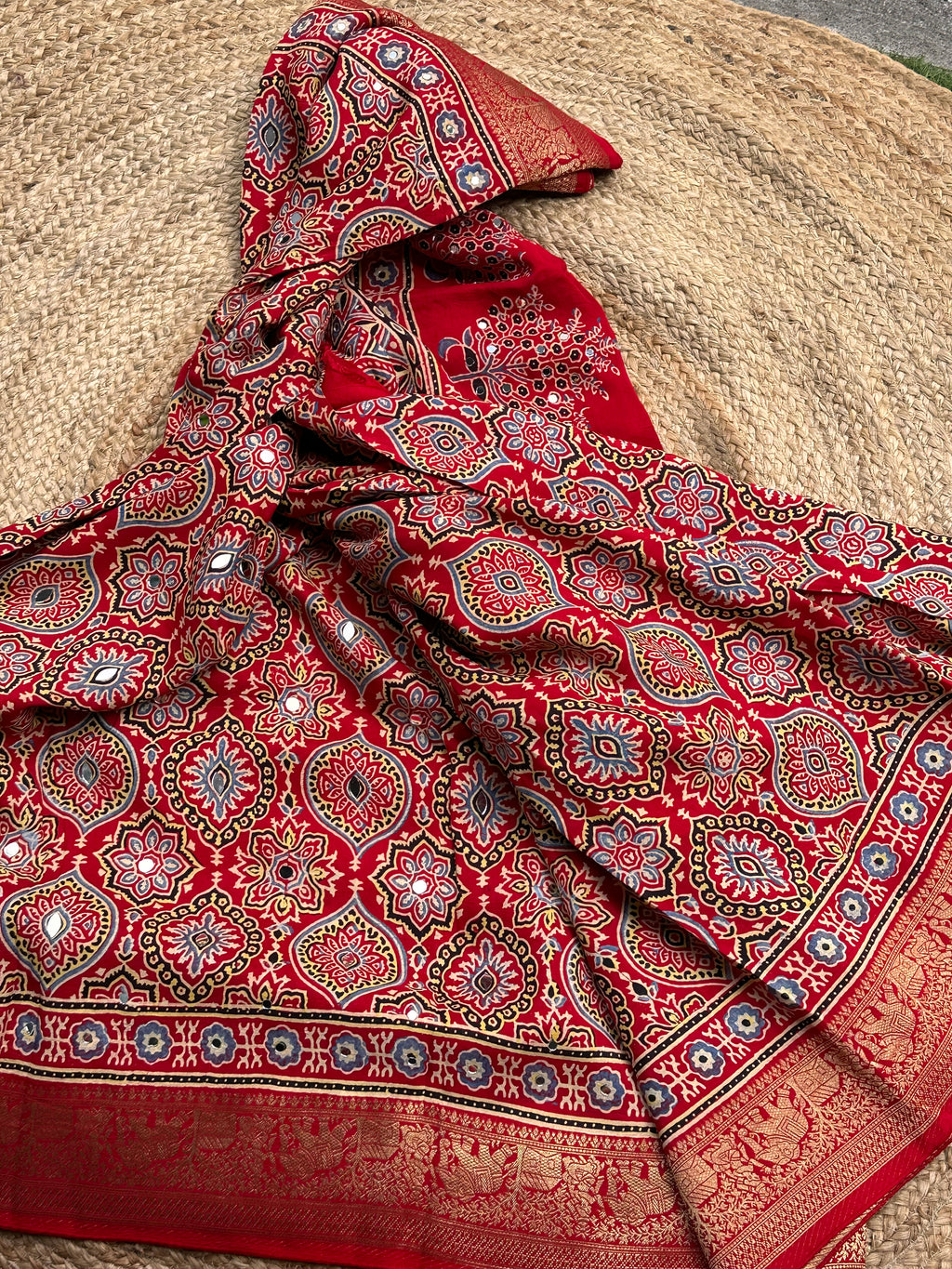 Red Ajrak dola mirror work with premium zari
