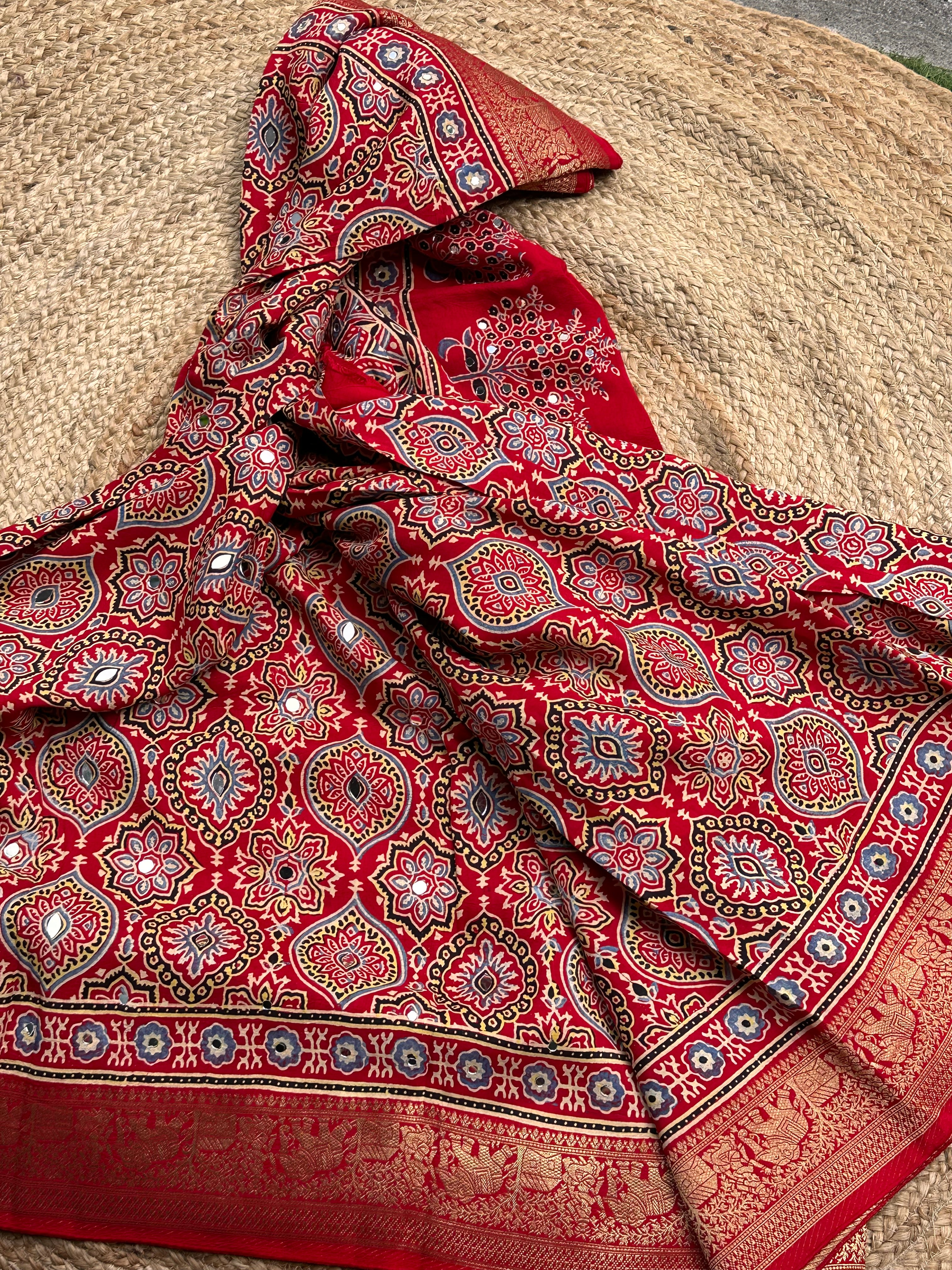 Red Ajrak dola mirror work with premium zari