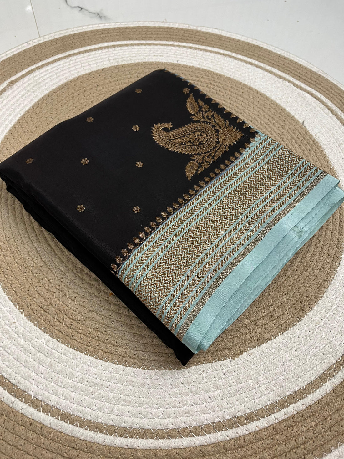 Black and baby blue crepe chiffon Banarasi sarees