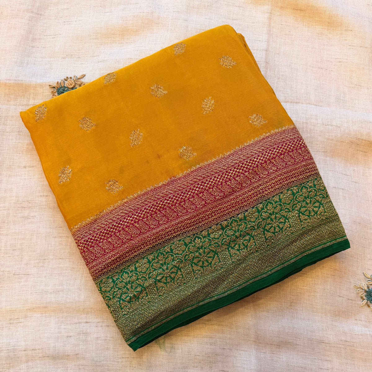 Mustard yellow 3D pure benarasi crepe silk saree
