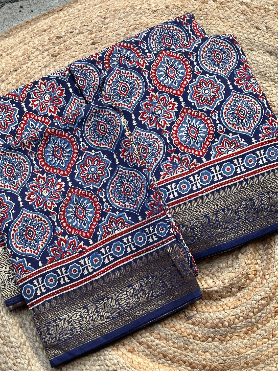 Blue Ajrak block prints dola silk sarees