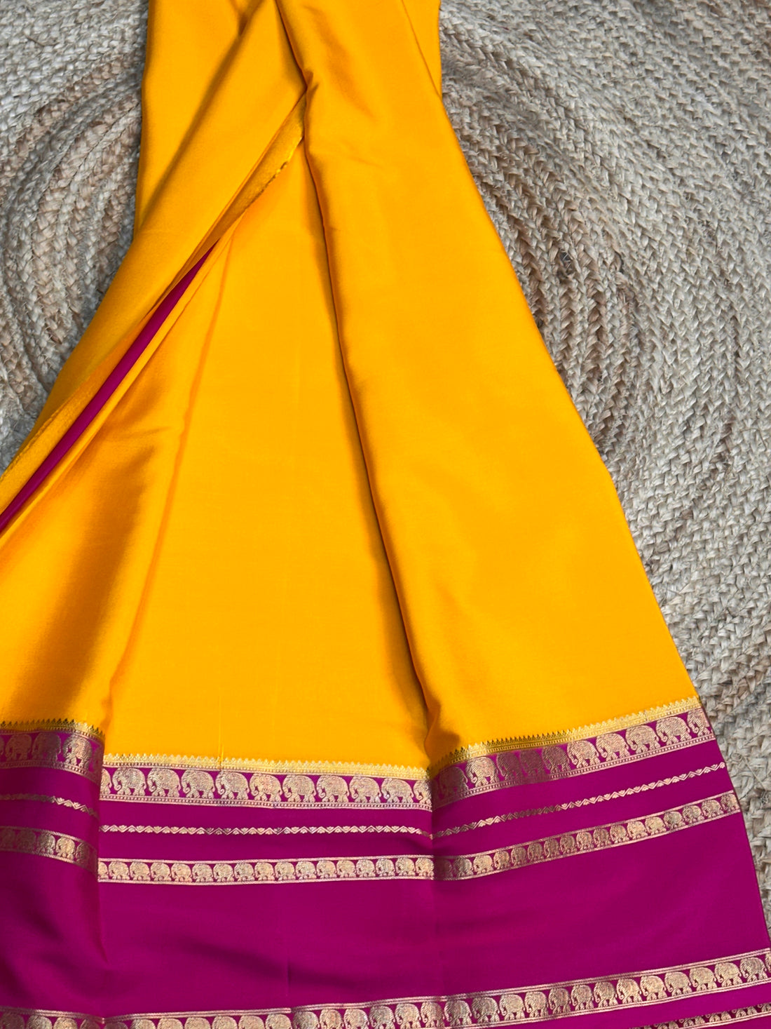 Yellow and pink pure crepe Mysore Silk sarees 120 gsm