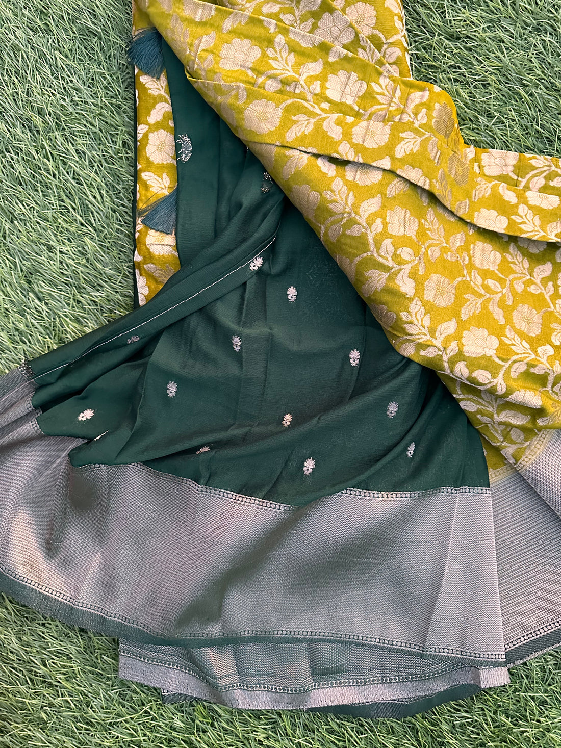 Designer georgette contrast combo mustard with green.