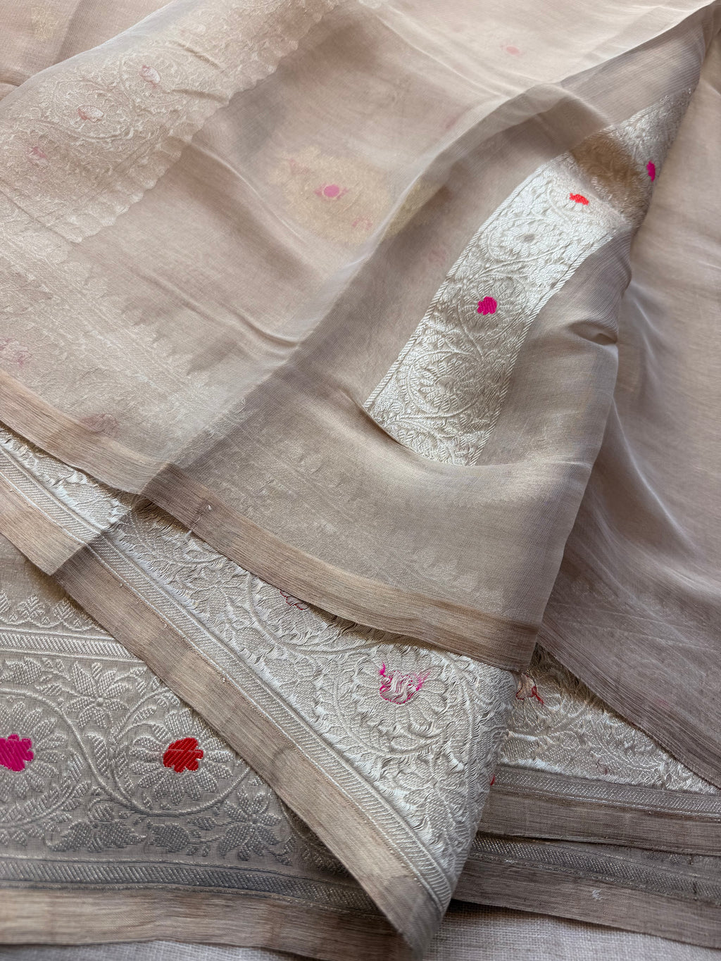 Cream tissue Banarasi pure khadi chiffon saree sliver zari saree