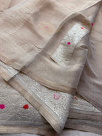 Cream tissue Banarasi pure khadi chiffon saree sliver zari saree