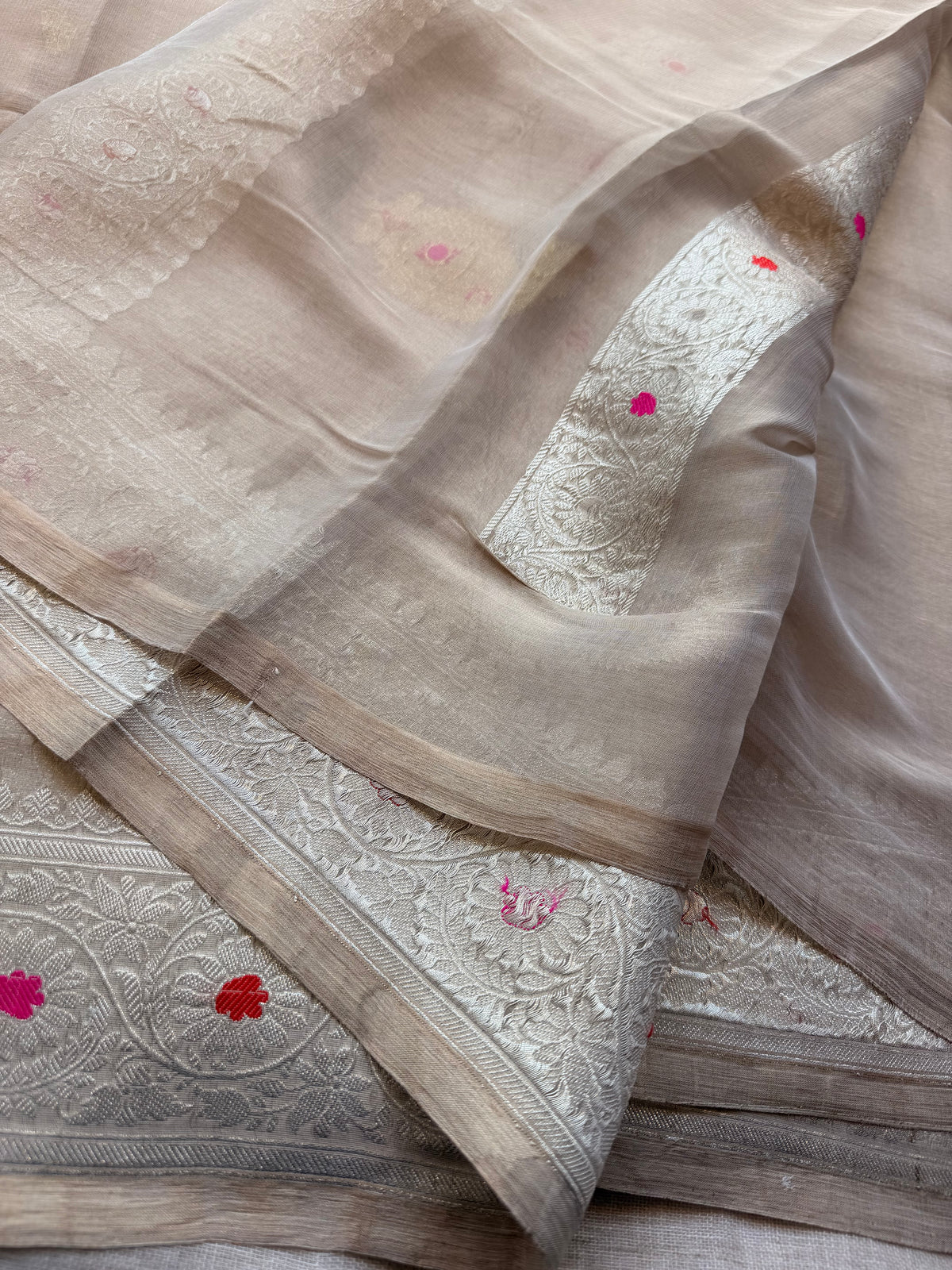 Cream tissue Banarasi pure khadi chiffon saree sliver zari saree