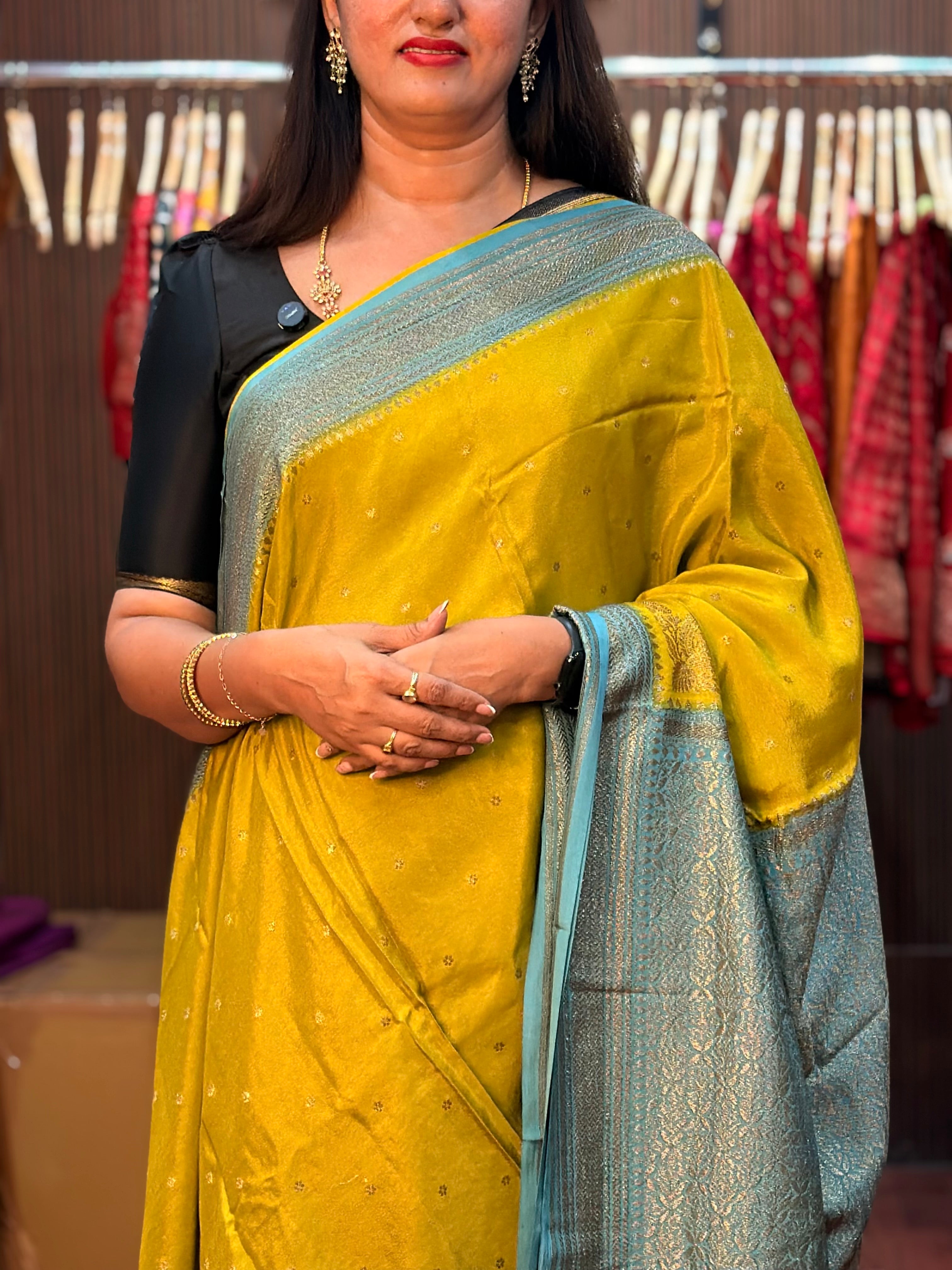 Neon green and sea greenBanaras crepe chiffon Sarees