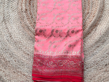 Orange and pink Banarasi Crepe Chiffon in Jaal Pattern