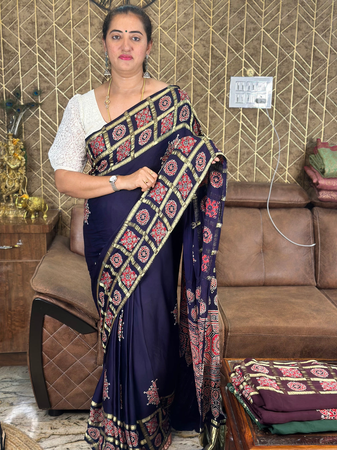 Navy blue pure modal silk with Ajrak Gajji pallu.