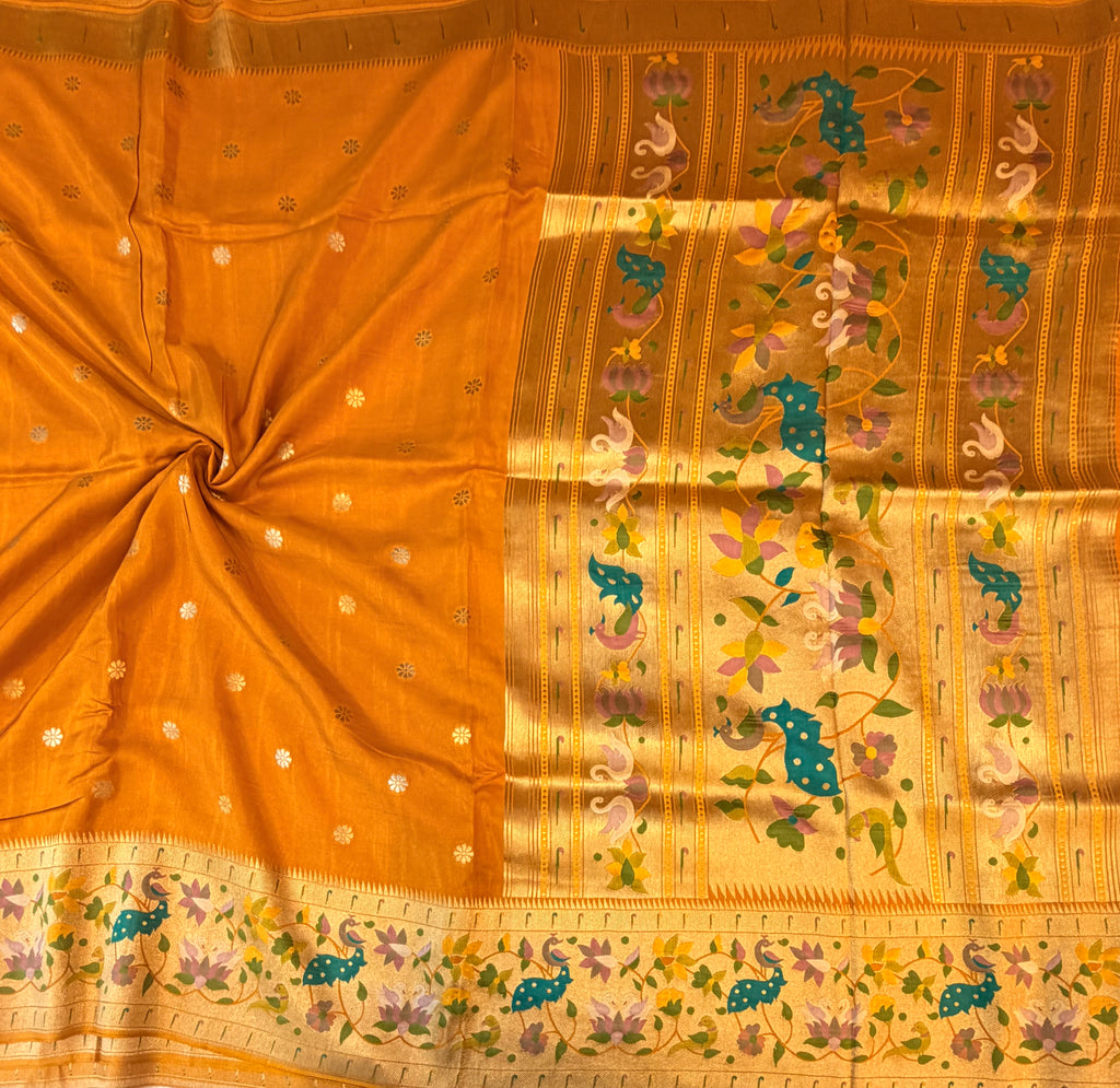 Yellow pure paithani swan & peacock border saree