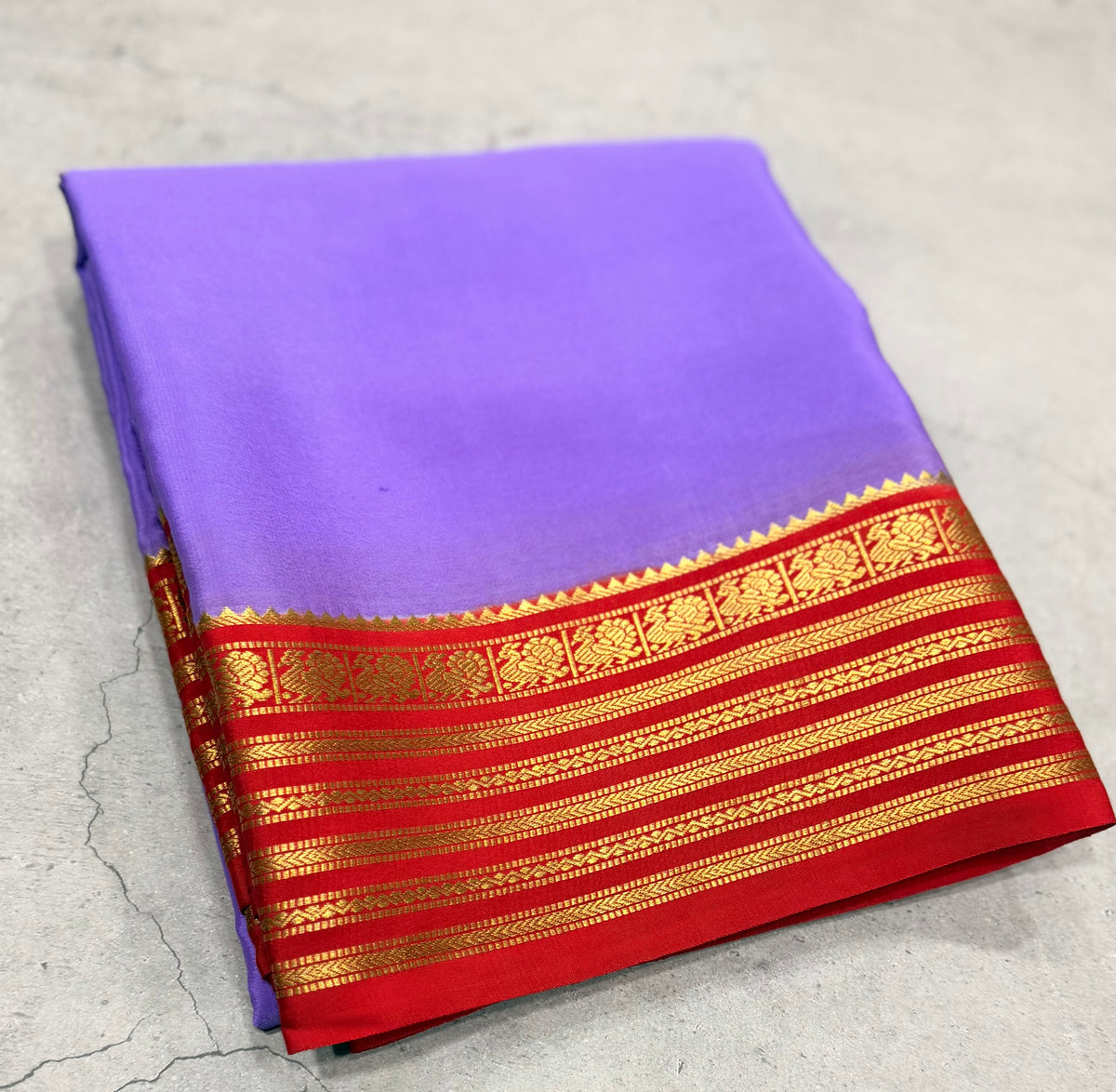 Lilac stripes border pure Mysore silk crepe saree