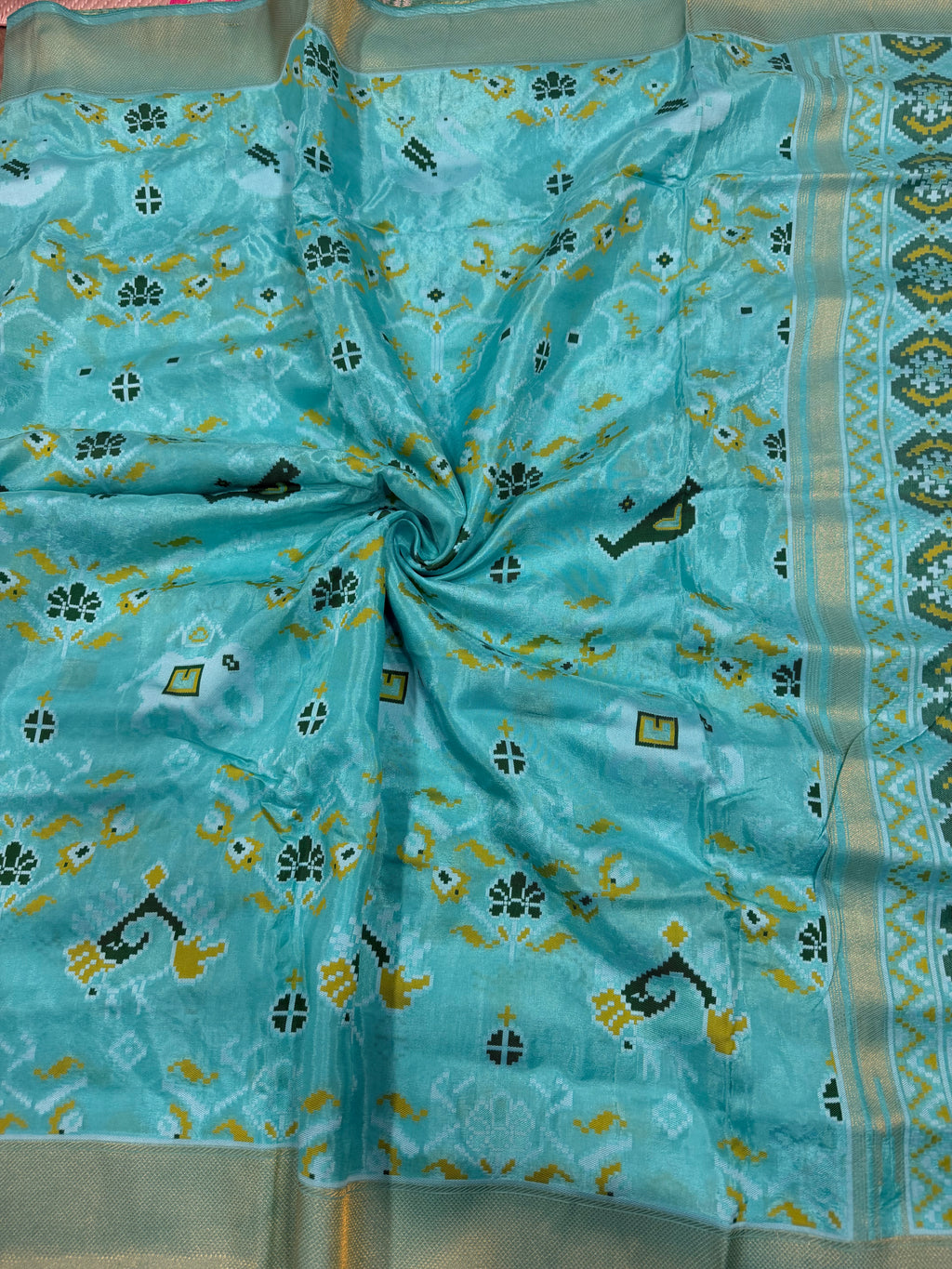 Sea blue small border tusser Paithani saree