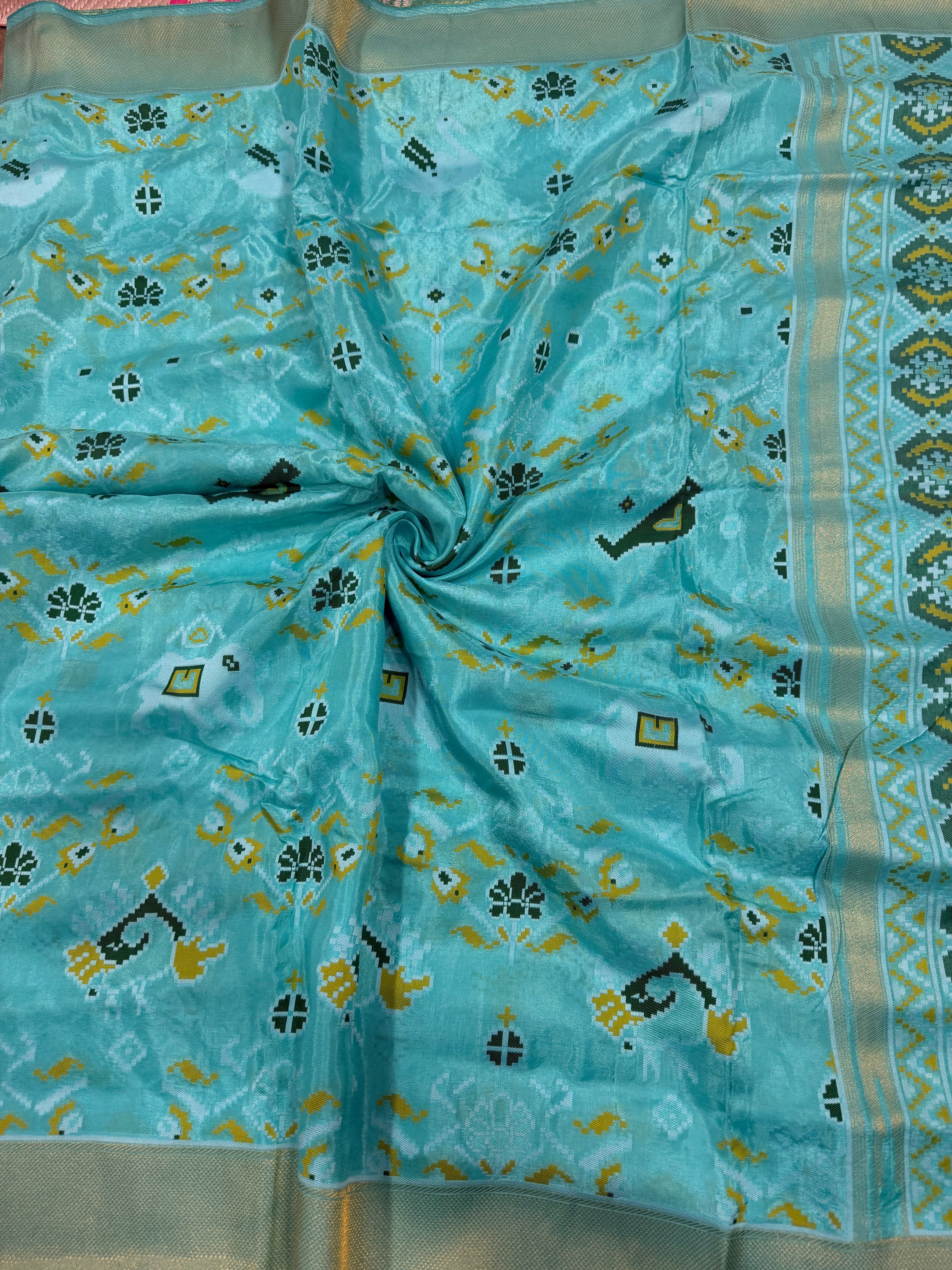 Sea blue small border tusser Paithani saree