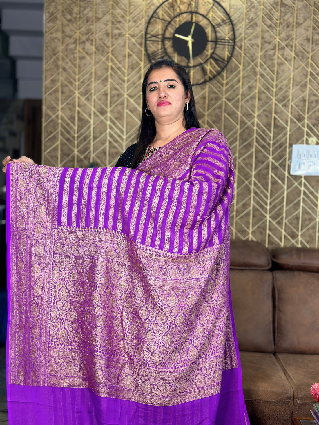 Purple pure khaddi Georgette in stripes.