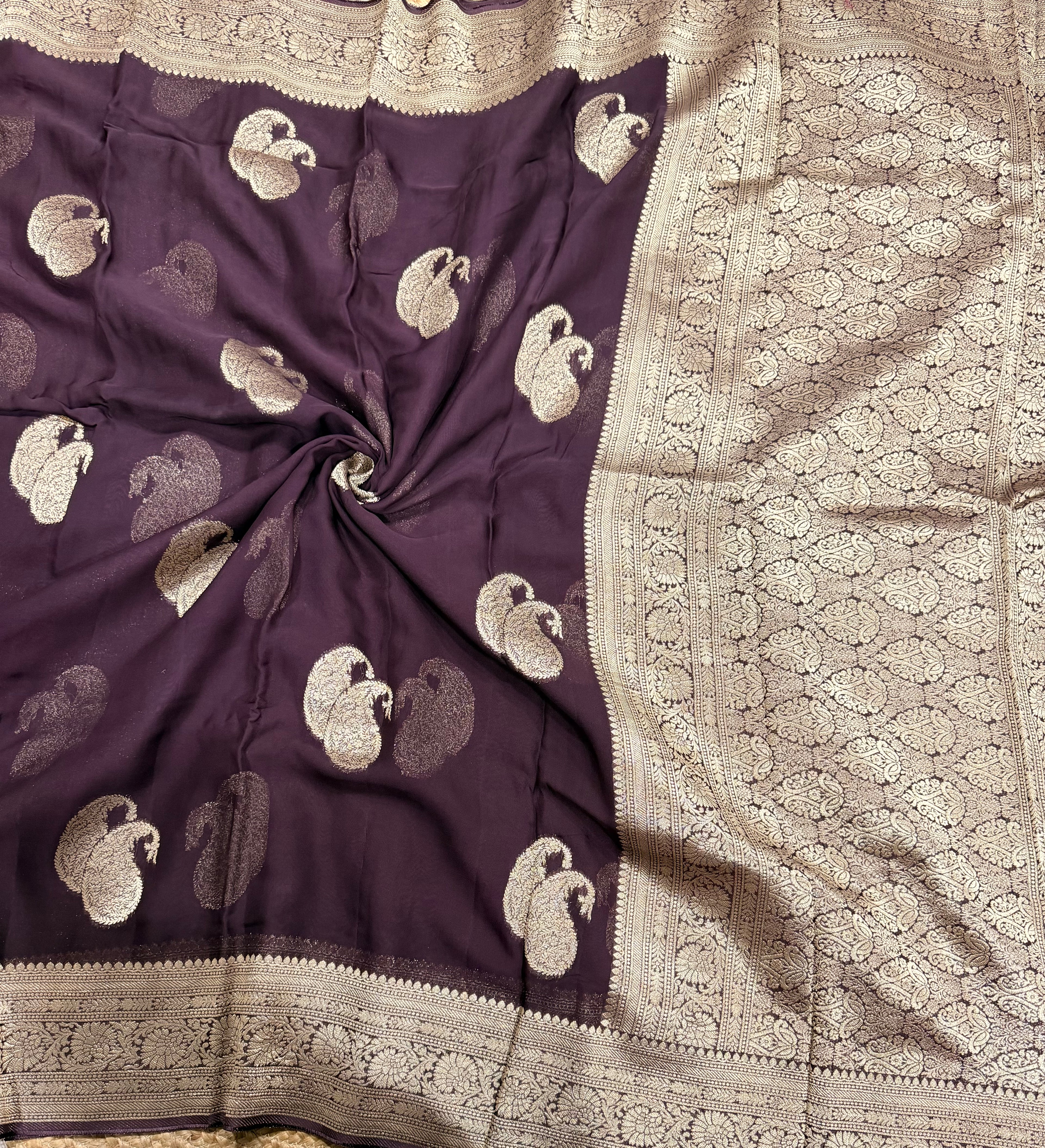 Dark Brown mango Butta georgette small border saree