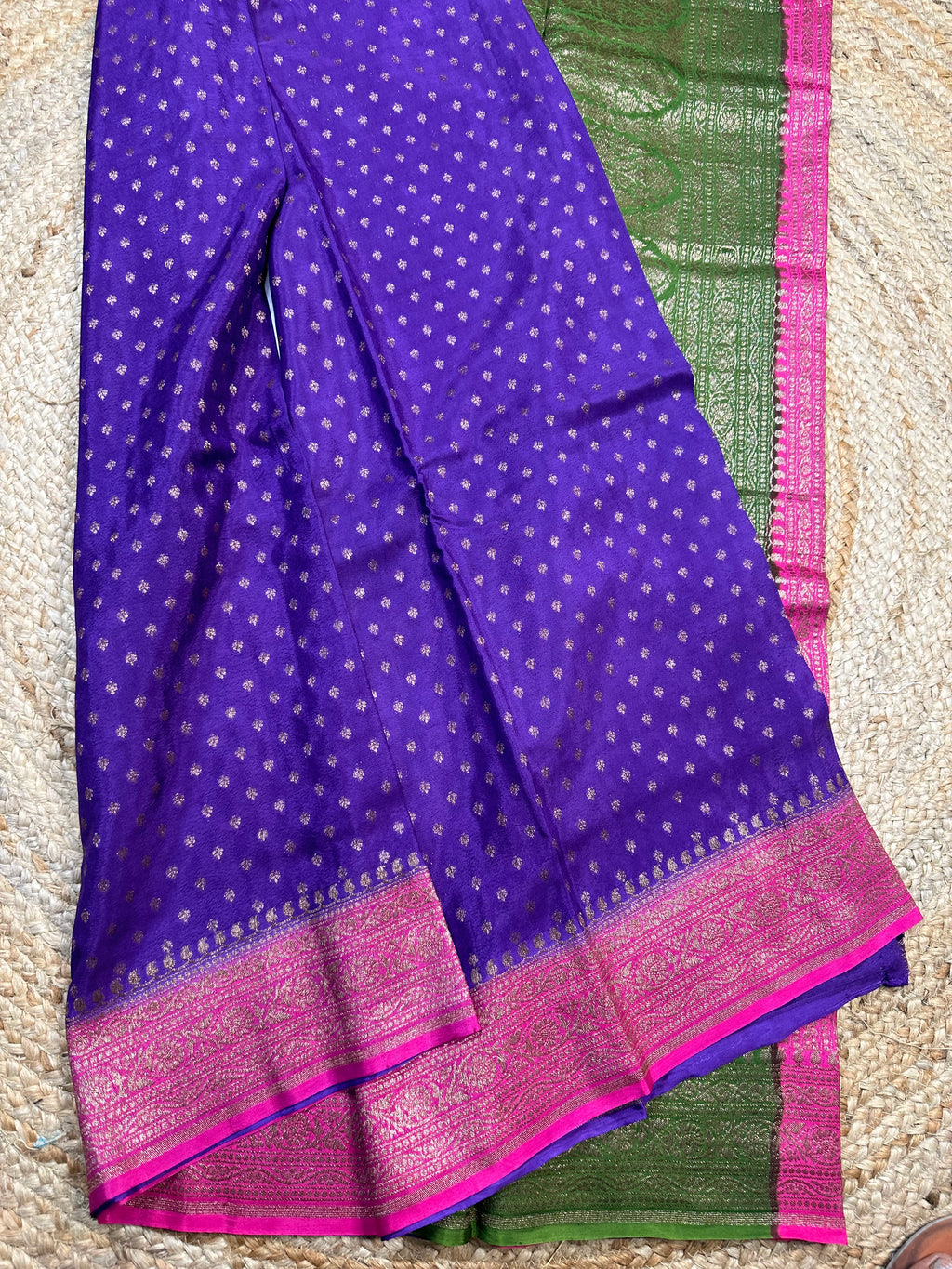 3D pattern purple and pink and green crepe chiffon sarees.