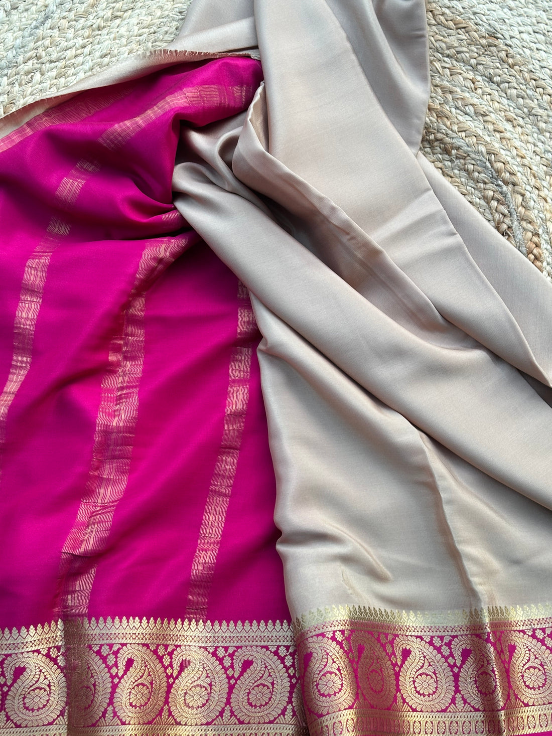 Beige with pink mango border pure crepe Mysore Silk sarees 120 gsm