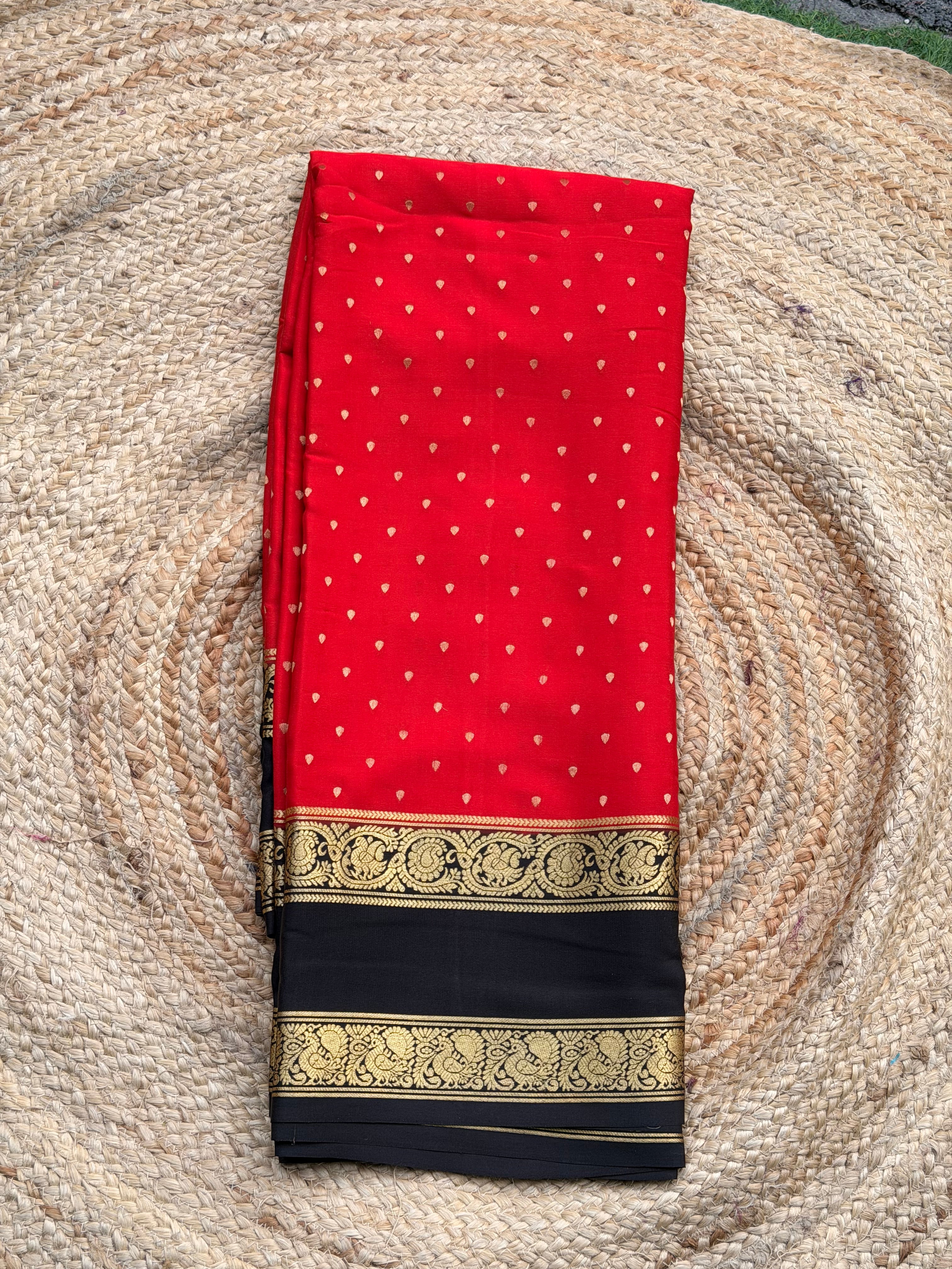 Red and black 1000 butta pure crepe Mysore silk 120 gsm