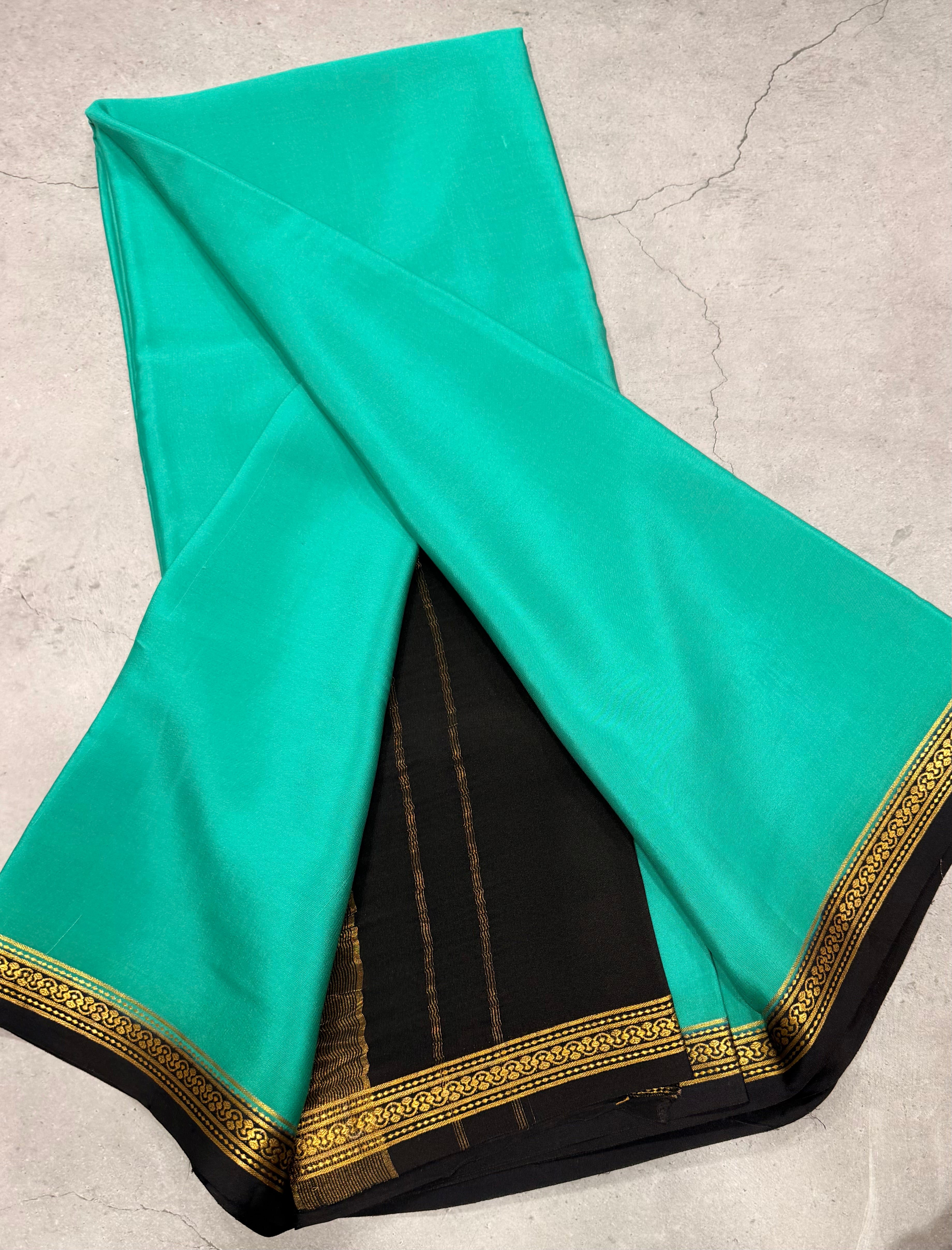 Light Rama green one inch border pure Mysore silk crepe saree