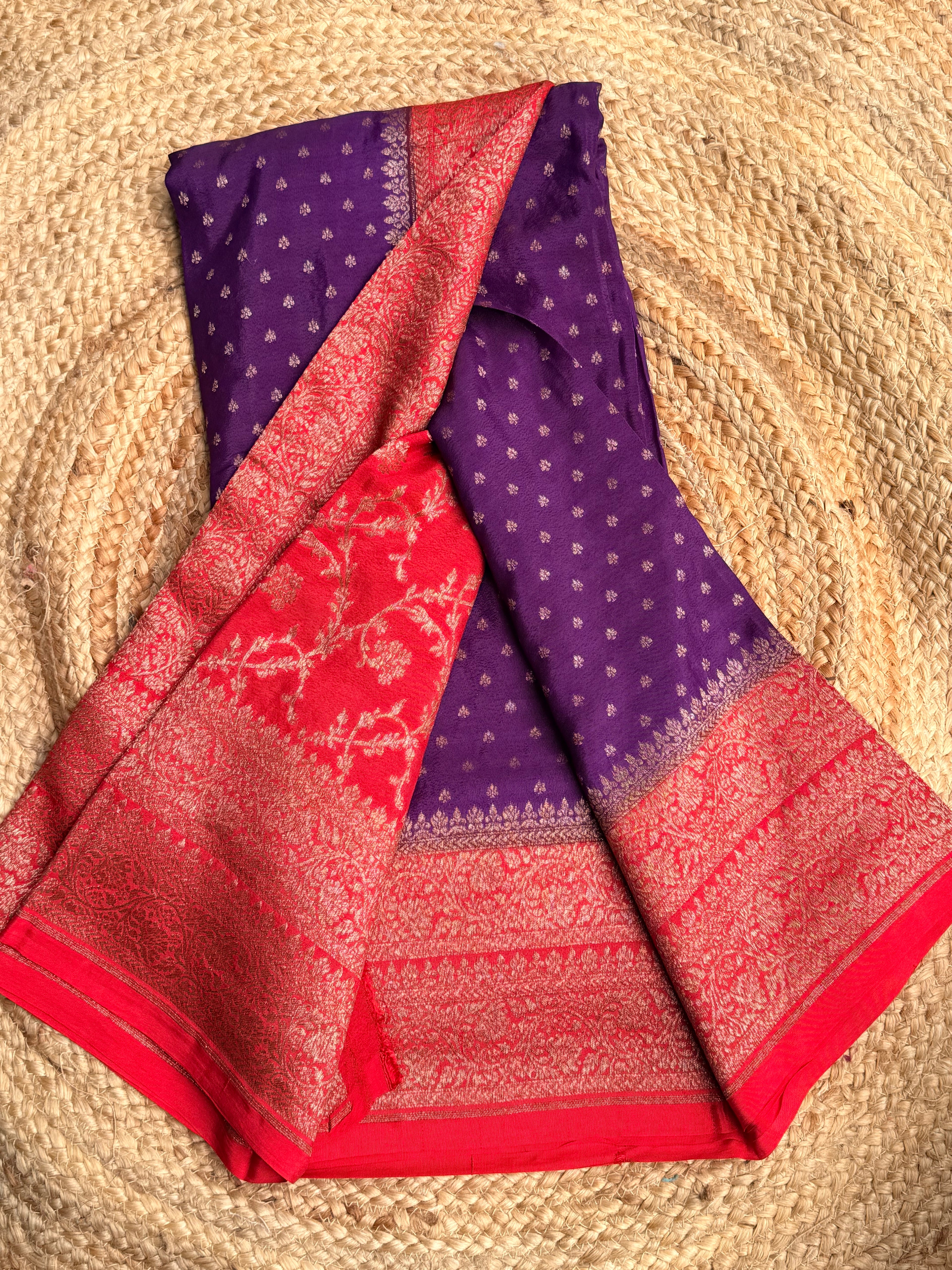 Purple n red small butta benarasi crepe saree