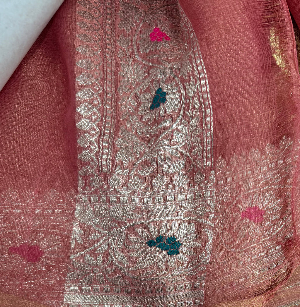 Pink Banarasi pure tissue chiffon saree sliver zari saree