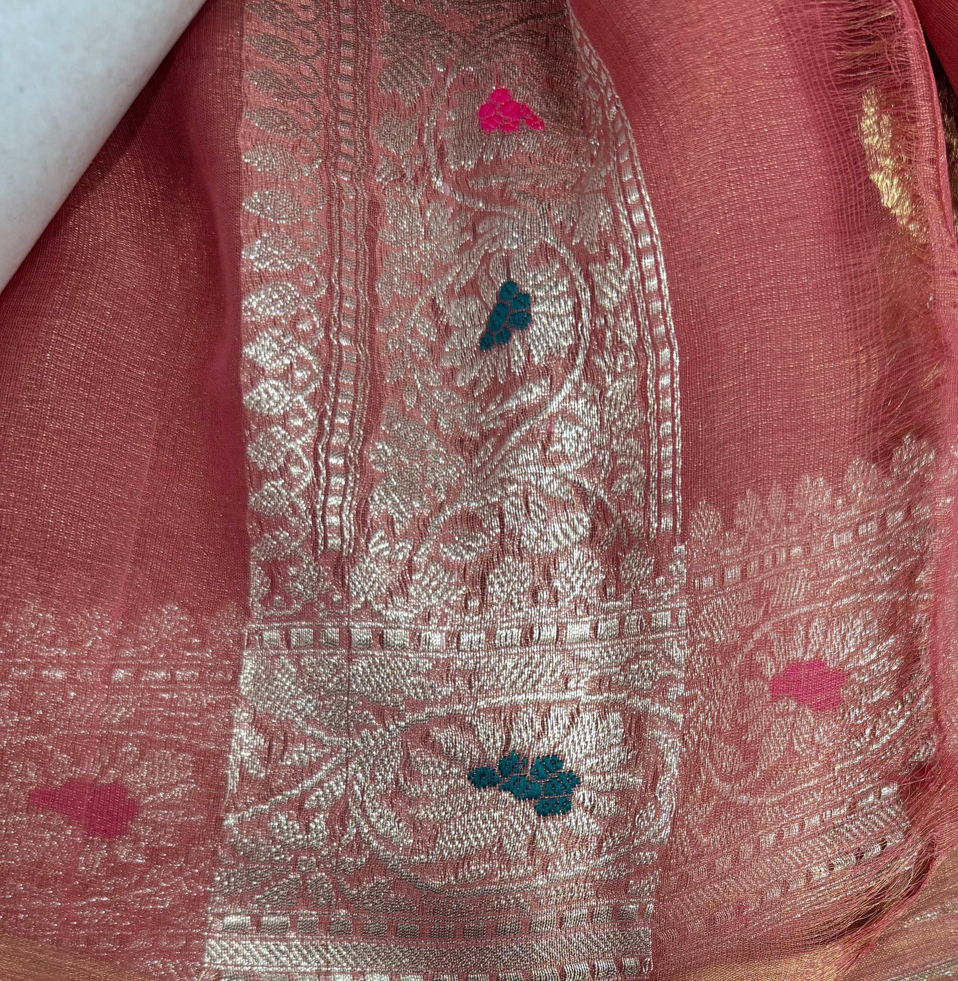 Pink Banarasi pure tissue chiffon saree sliver zari saree