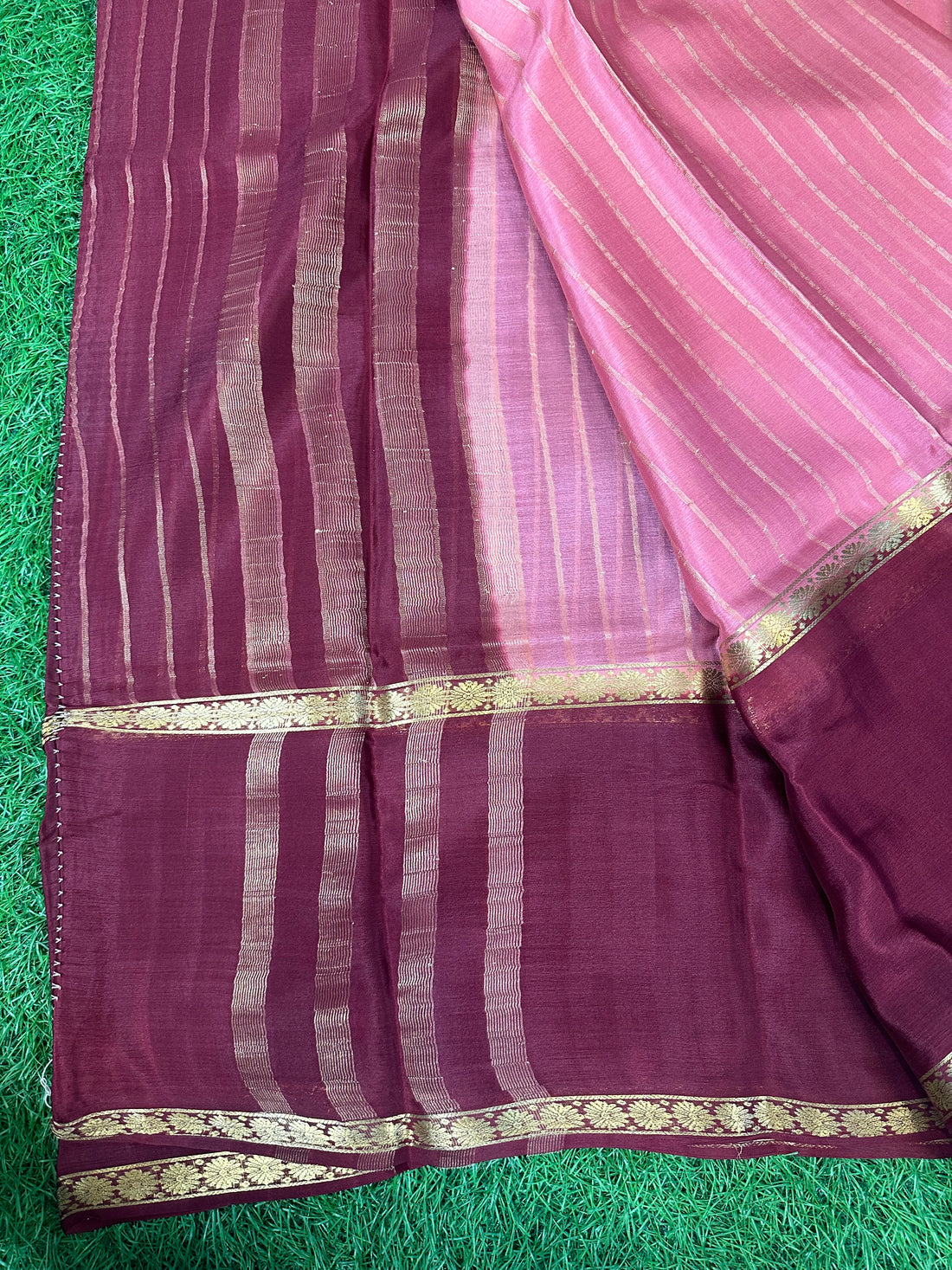 Peach with maroon pure wrinkle crepe with vertical stripes blouse.