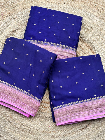 Deep blue with baby pink pure crepe Banaras silk sarees