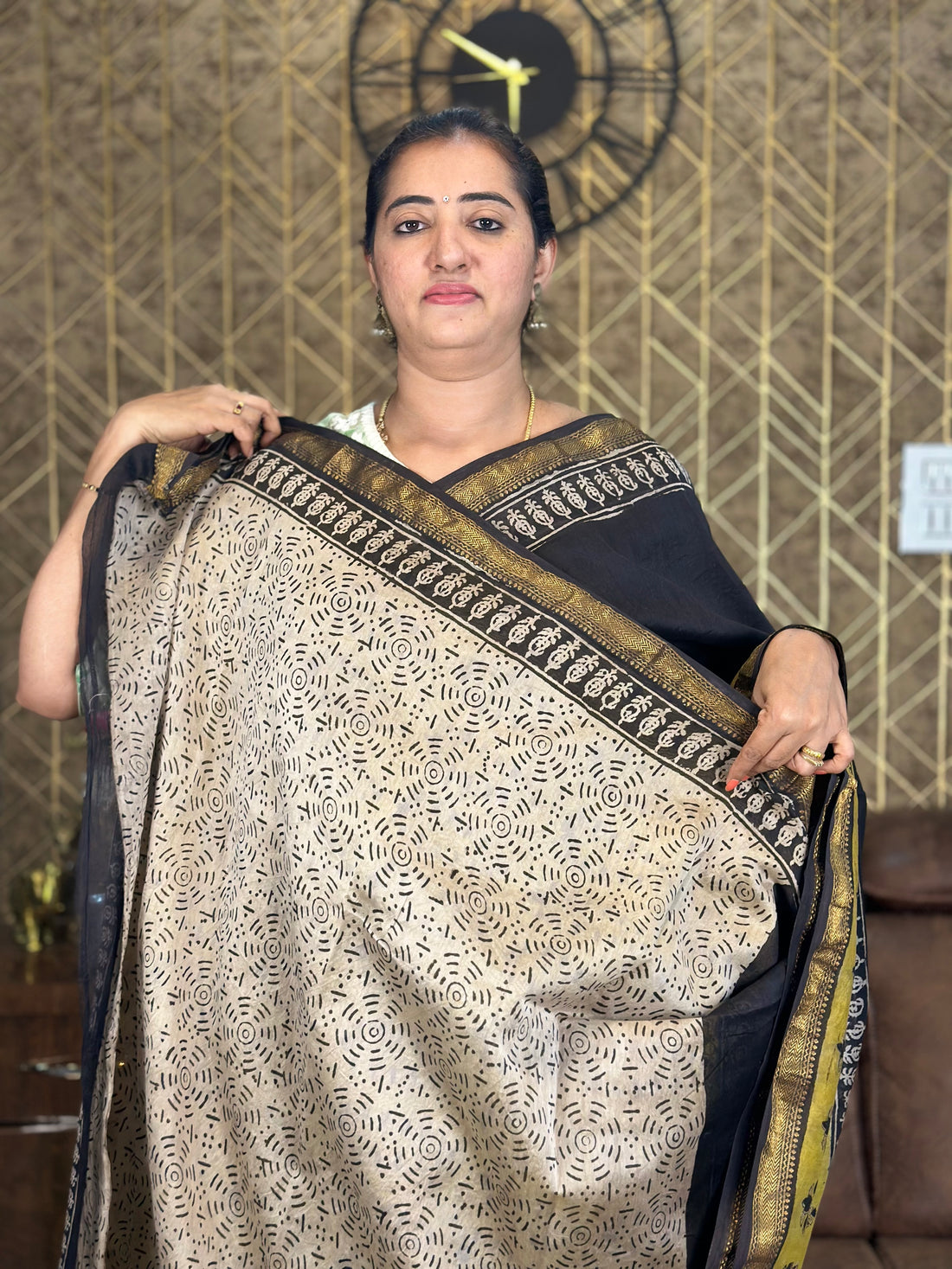 Black with mustard Maheshwari silk.