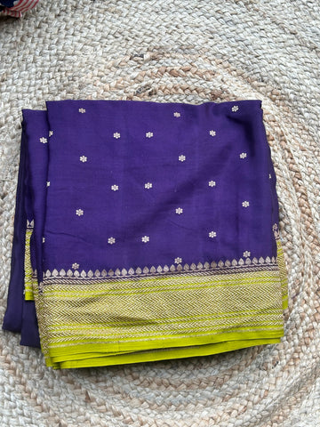 Dark purple with neon green pure crepe Banaras silk sarees