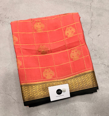 Pastel pink checks pure Mysore silk crepe saree