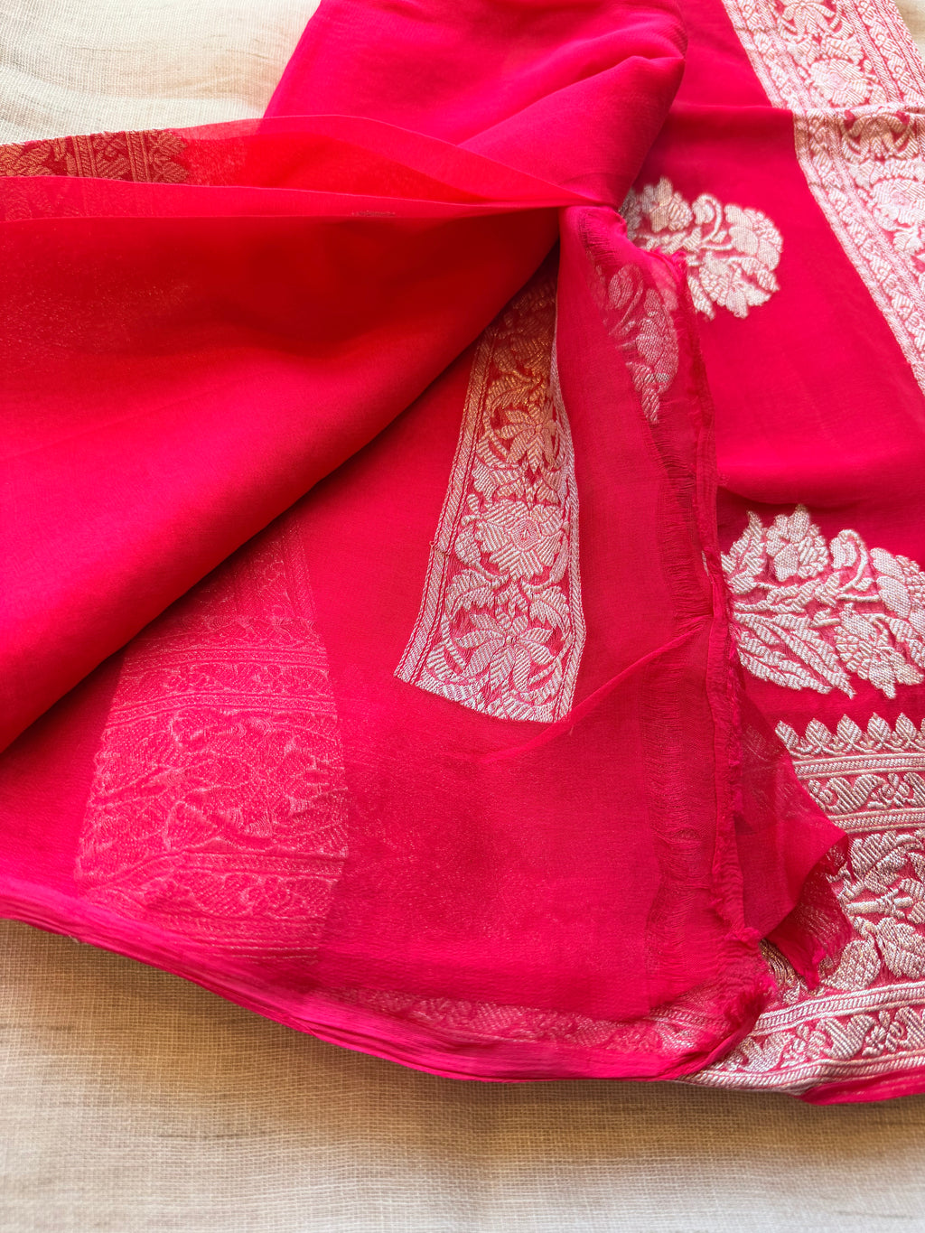 Rani pink Banarasi pure khadi chiffon saree sliver zari saree