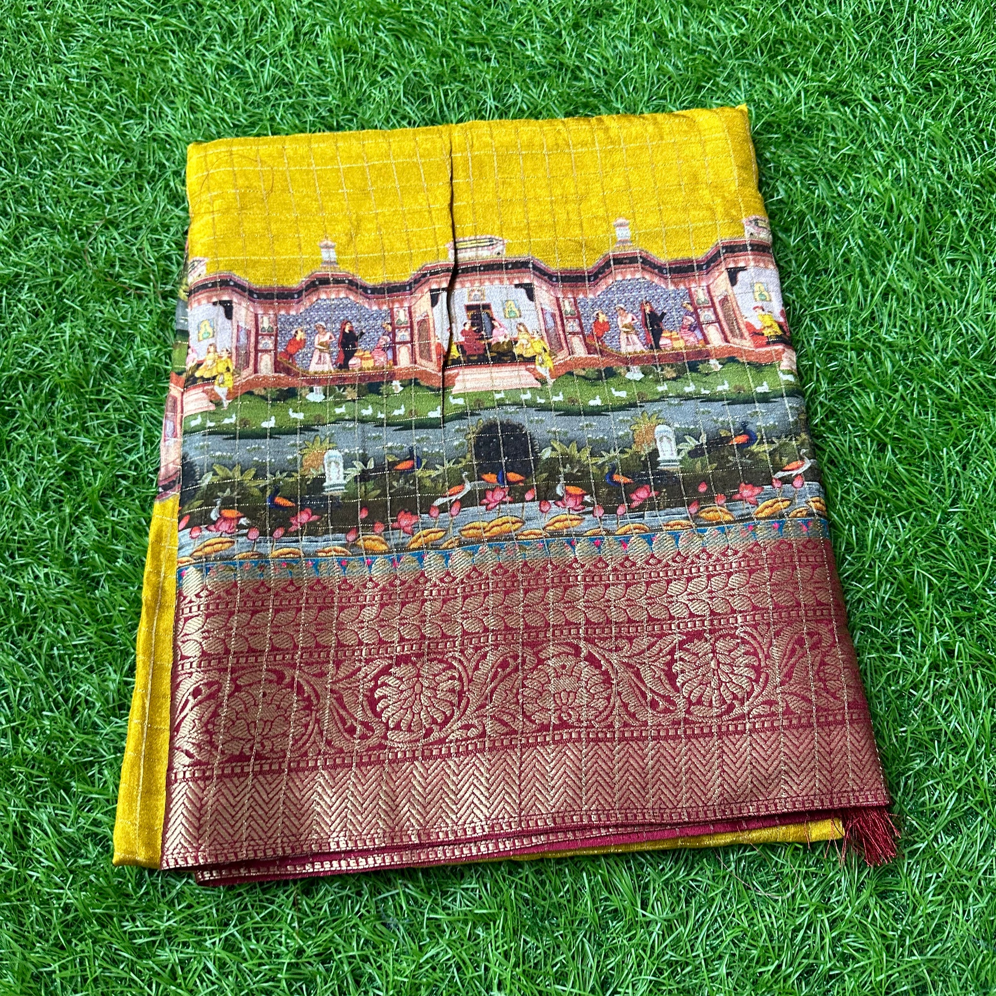 Mustard with maroon dola crepe with kalamkari border.