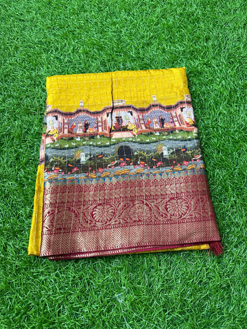 Mustard with maroon dola crepe with kalamkari border.