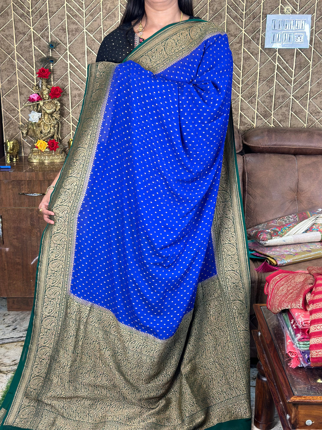 Royal blue with green pure khaddi Georgette.