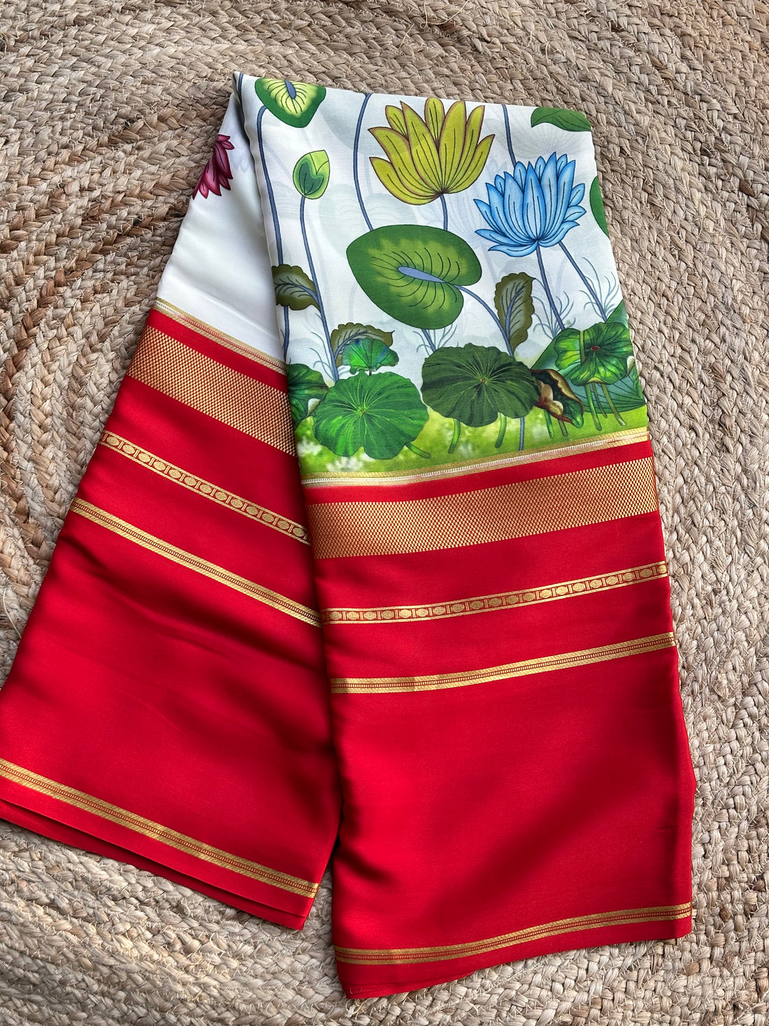 Red crepe with digital prints Mysore Silk sarees