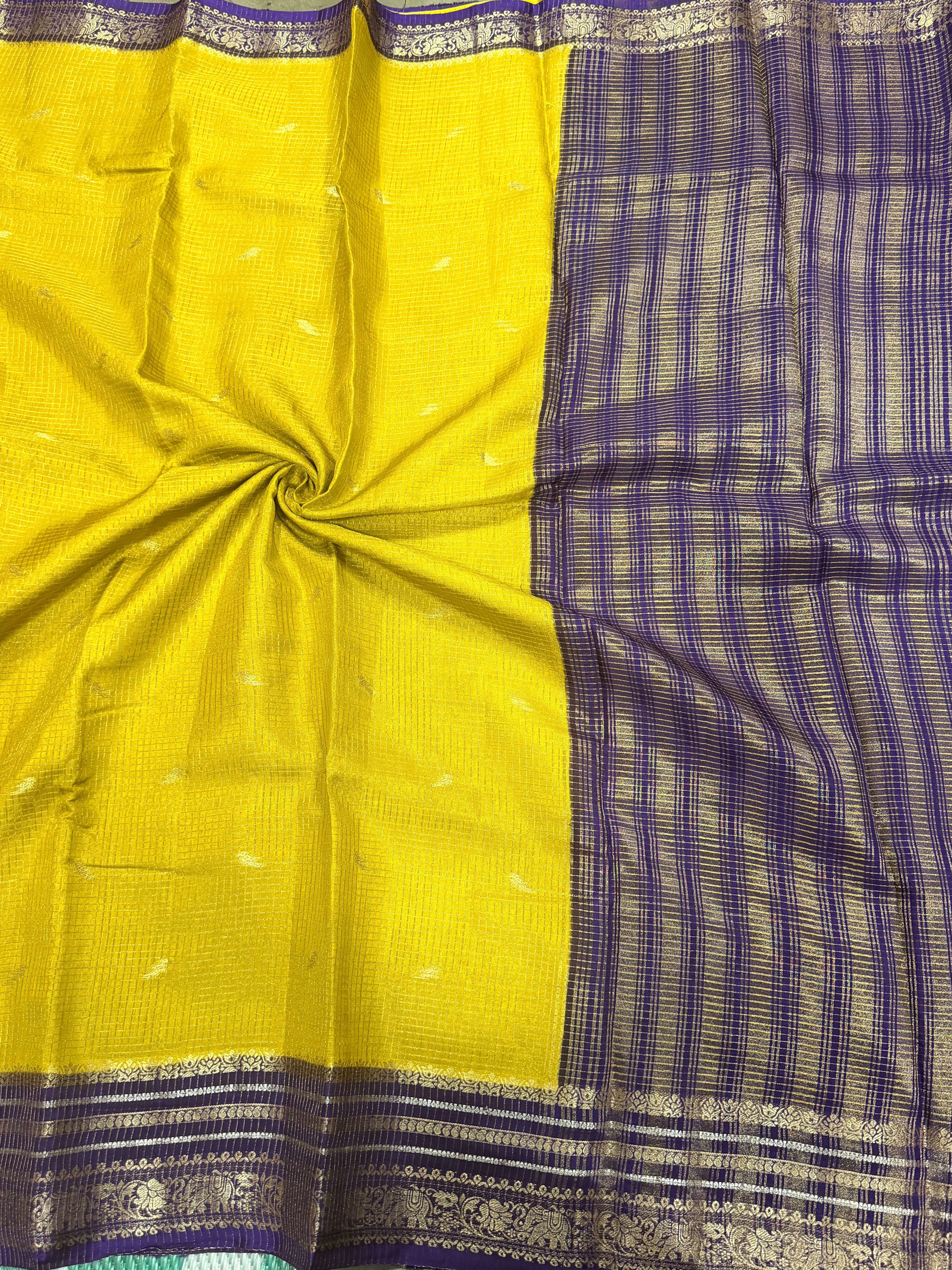 Yellow contrast border checks Dola crepe saree