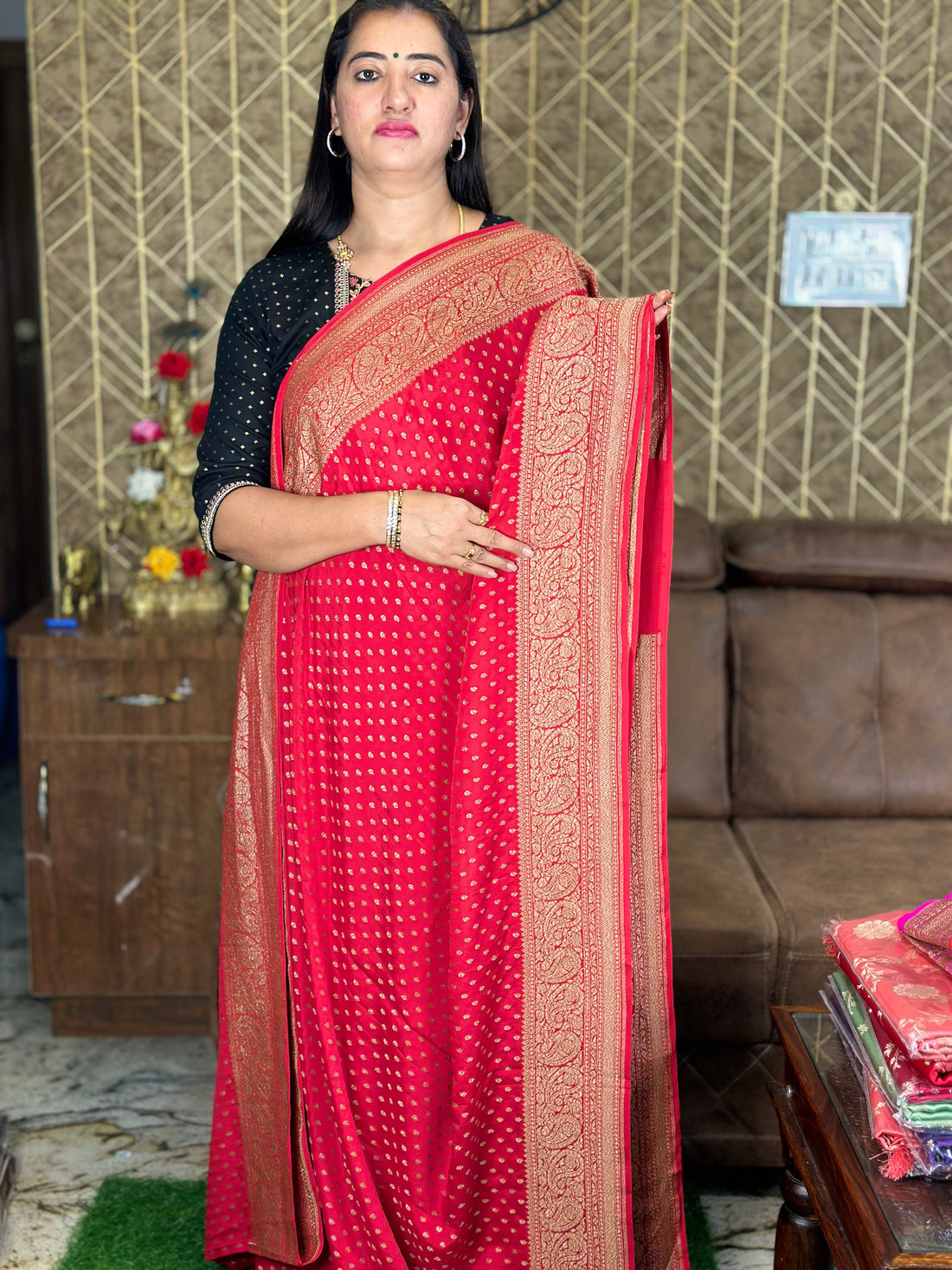 Hot red pure crepe Banaras sarees.